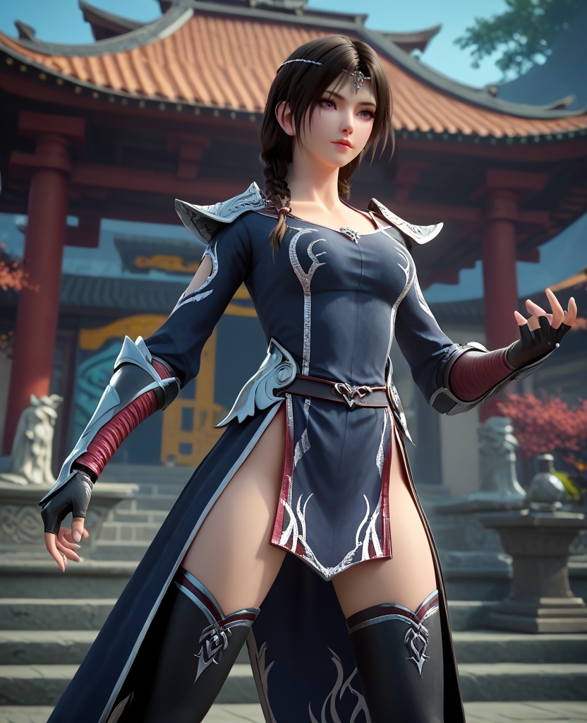 (oriental architecture, elegant decor, sophisticated style:1.1),villain pose,(breasts:1.2),<lora:XL16大主宰安然:0.95>,miss anran,blue gray peplum dress,purple eyes,circlet,black hair,braid,long hair,pauldrons,fingerless gauntlet,black high-heeled thigh boots,, zPDXL2, score_9, score_8_up, score_7_up BREAK realistic, masterpiece,best quality, highly detailed,, zPDXL3, zPDXL2,zPDXL, zPDXLxxx, zPDXLrl,