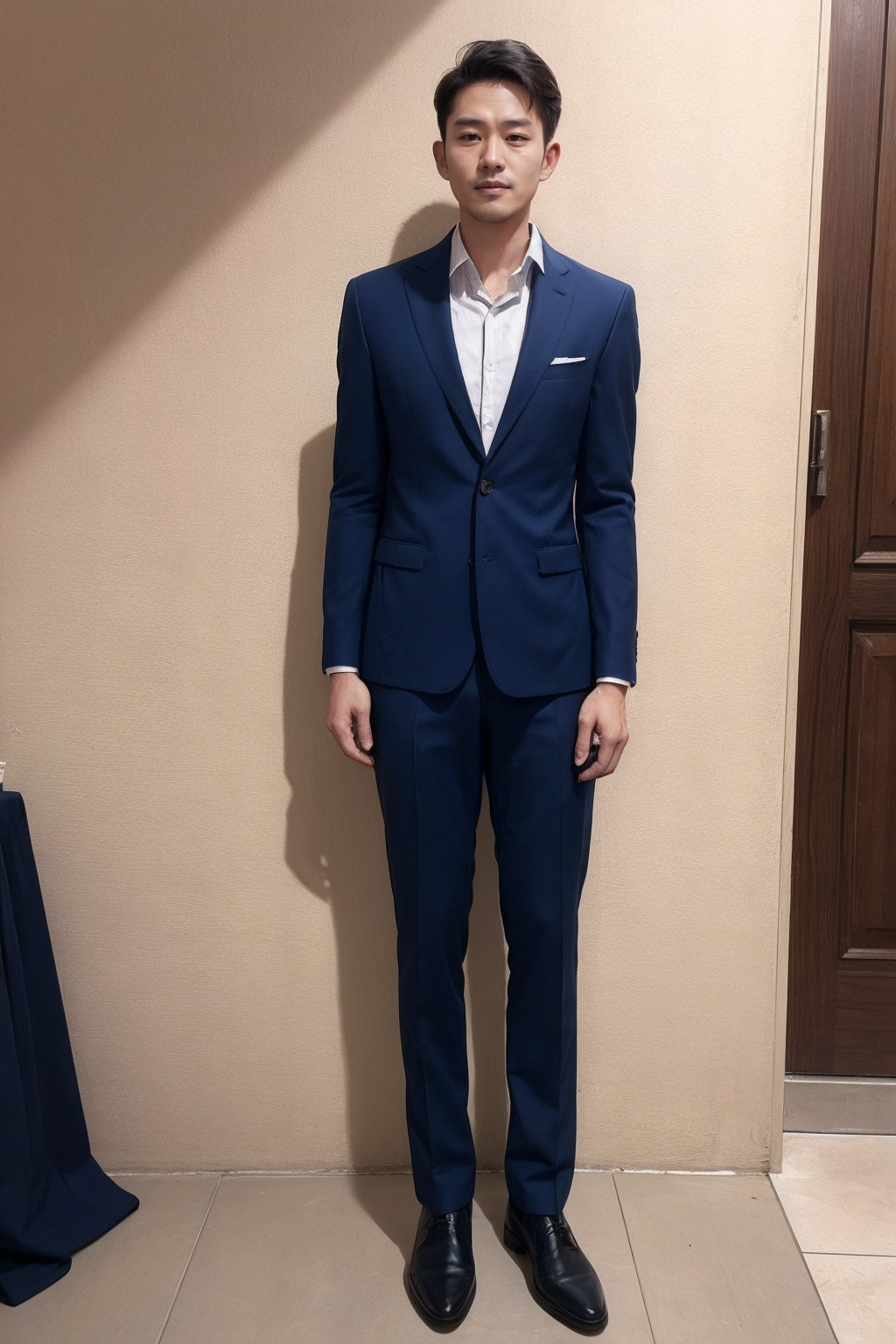 (1man:1.4),(male:1.2),(full body:1.2),(Collared shirt and blazer and suit trousers:1.4),<lora:AsianMan_4:0.8>,