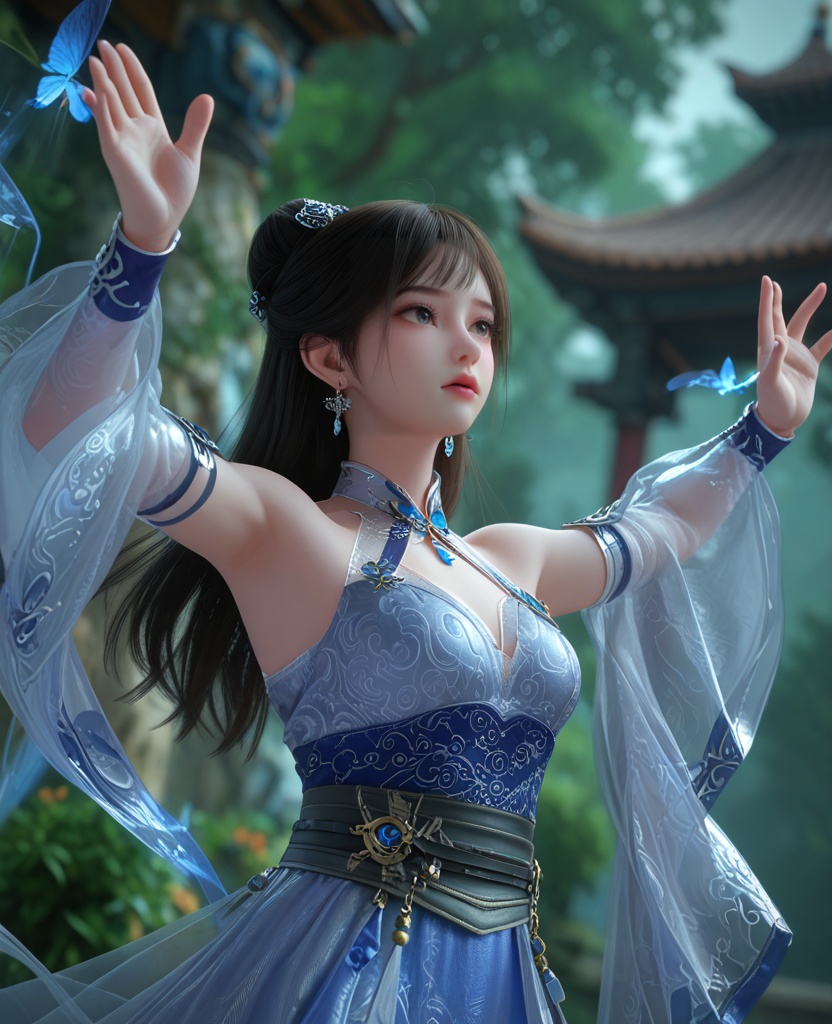 (oriental architecture, elegant decor, sophisticated style:1.1),(Balancing on a narrow surface, arms outstretched, showing gracefulness,:1.1),(breasts:1.2),<lora:XL百炼成神紫极阴体小玉:0.95>,miss xiaoyu,black hair,dress,long hair,jewelry,earrings,bare shoulders,hair ornament,hair bun,blue dress,clothing cutout,sash,, zPDXL2, score_9, score_8_up, score_7_up BREAK realistic, masterpiece,best quality, highly detailed,, zPDXL3, zPDXL2,zPDXL, zPDXLxxx, zPDXLrl,