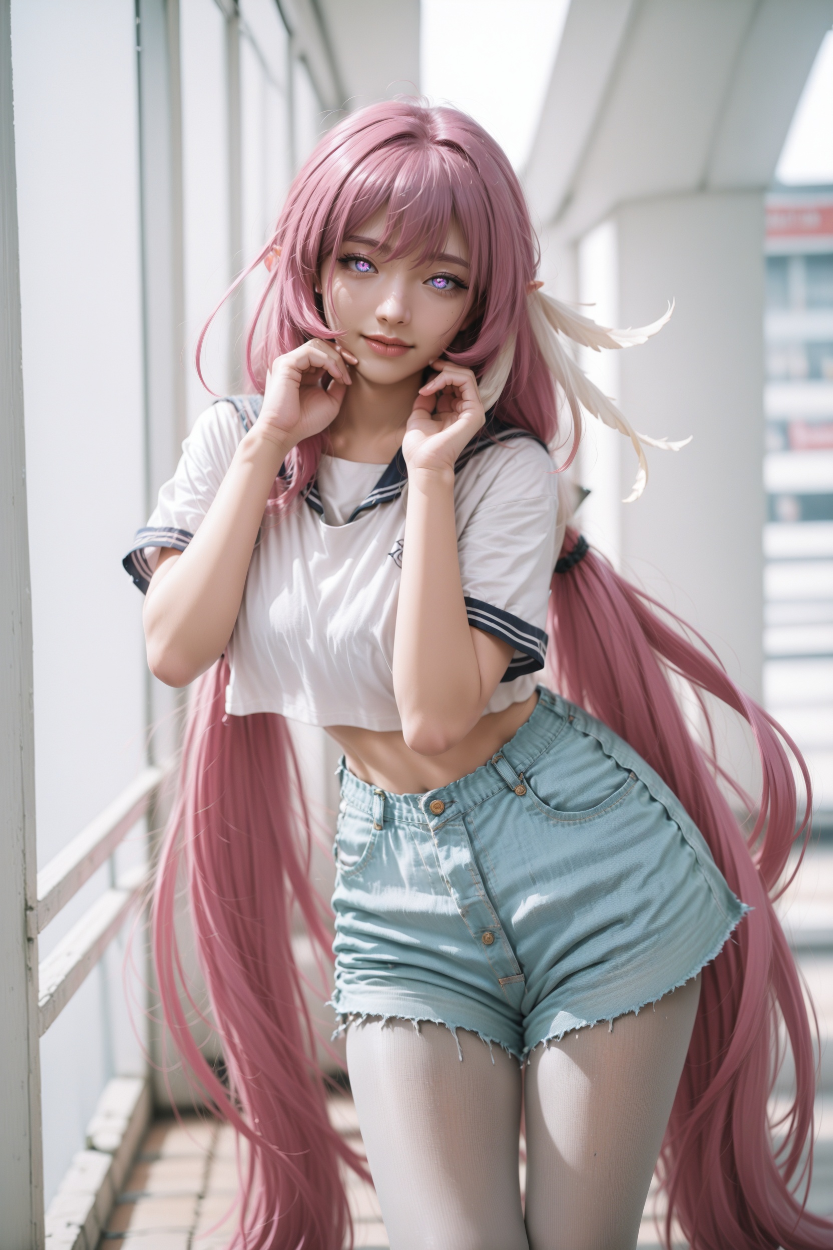 realistic photography,detailed,.,.,.,1girl,feet out of frame,.,<lora:ME:0.25>,grey pantyhose,makeup,sailor shirt,<lora:RE10-000020:0.85>,looking at viewer,light smile,elysia \(herrscher of human: ego\) \(honkai impact\),long hair,low twintails,pantyhose under shorts,, very awa, masterpiece, best quality, highres, absurdres,