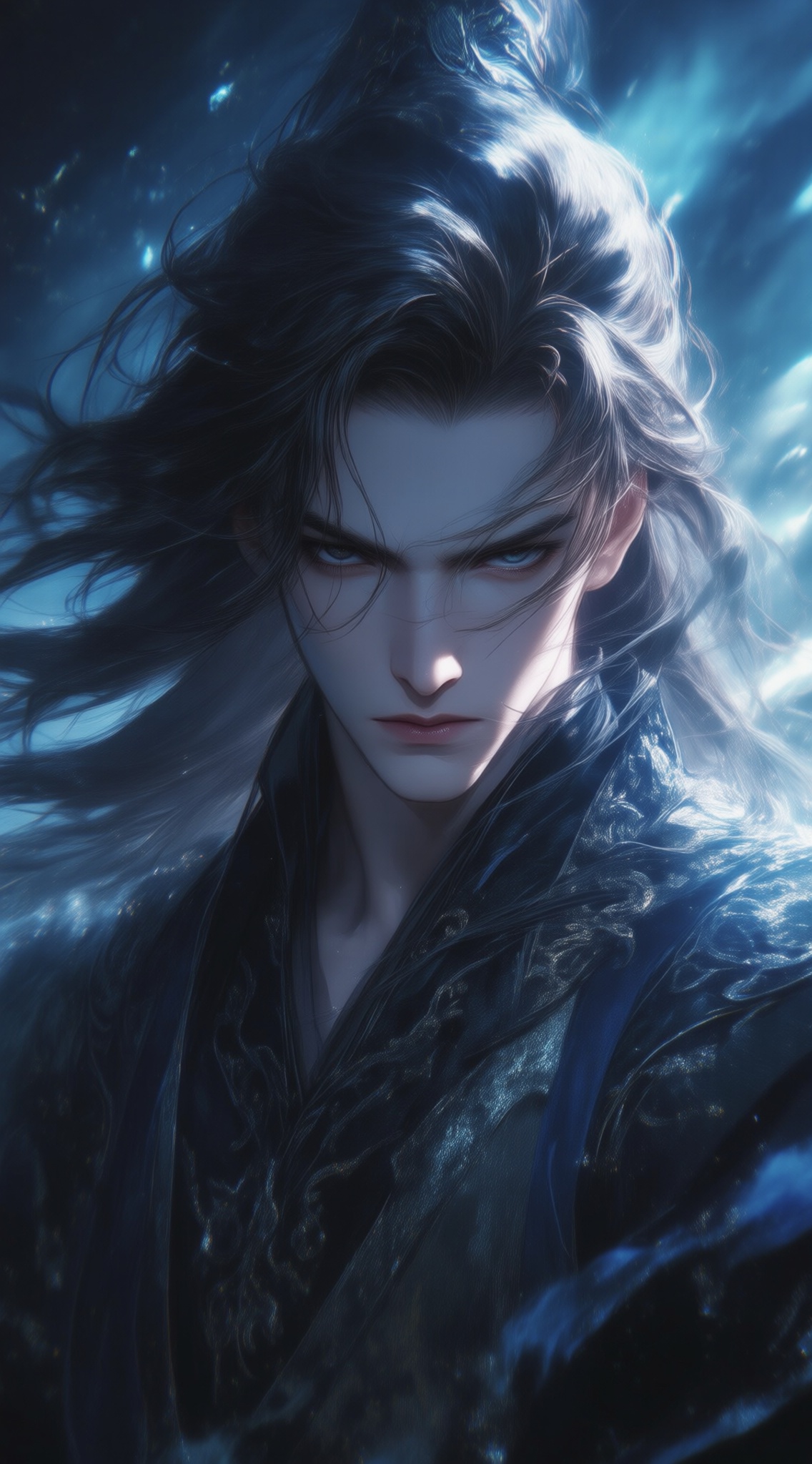 a digital illustration shoot from a close-up camera angle about a powerful male character with long,flowing hair and a serious expression,set against a dramatic,ethereal background,the image also shows intricate details and vibrant colors,on the middle of the image,a 1man,who appears to be in his early twenties,with light skin,long hair,and a determined expression,is facing the viewer,he is wearing a dark,ornate outfit with intricate designs,and has a serious,focused expression,the character is positioned in the center of the frame,with his upper body visible,and his hair is blowing in the wind,the background is a mix of dark and light blue hues,creating a dramatic and dynamic atmosphere,the lighting is dramatic,with a focus on the characters intense gaze and the intricate details of his outfit,, Negative prompt: ng_deepnegative_v1_75t,(badhandv4:1.2),EasyNegative,(worst quality:2),,nsfw, Steps: 30, Sampler: Euler, CFG scale: 4.0, Seed: 4060420689, Size: 1142x2048, Model hash: 98763a1277, Model: Qwen-Image_1.0.safetensors, Denoising strength: 0, RNG: CPU, Lora 1: ZOZ_漫梦琉璃05~QWEN, Lora Hash 1: 5b64907f40, Lora Weight 1: 0.8, vae_name: automatic