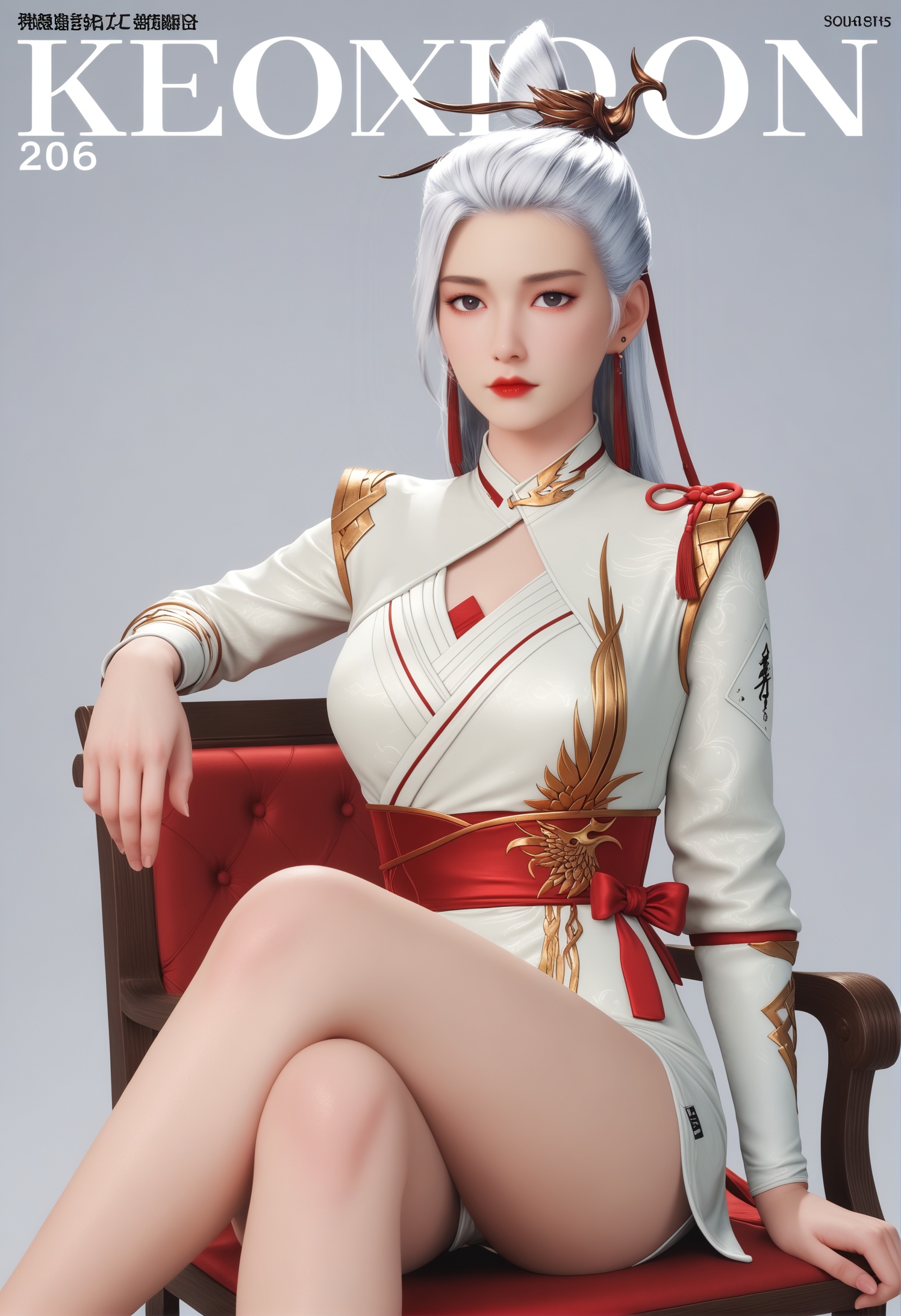 score_9,score_8_up,score_7_up,1girl,solo,realistic,sitting,(crossed_legs:1.3),(looking at viewer:1.1),1girl,solo,realistic,dress,china dress,white dress,chinese clothes,bird print,ribbon,red ribbon,long sleeves,chinese knot,clothing cutout,realistic,jewelry,hair ornament,hairpin,half updo,hair stick,hair ribbon,tassel earrings,earrings,1girl,solo,realistic,(mature face:1.2),big eye,pale_skin,shiny_skin,(slender face:1.1),long hair,long hair,white hair,hair bun,hair pulled back,black eyes,eyelashes,makeup,red lips,lipstick,closed mouth,realistic,(grey background:1.2),solid background,gradient_background,(magazine cover theme:0.75),(white chair:0.8),medium breasts,<lora:小巳-白惜pony:0.85>,