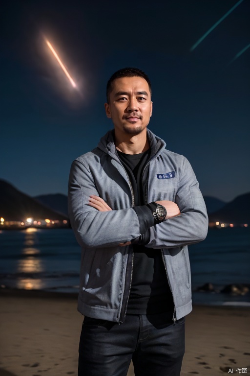 1man,Chinese,solo,male focus,exquisite facial features,handsome,charming,muscular,jacket,arm crossed,outdoors,starry sky,meteor shower,on the beach,dark,(masterpiece,realistic,best quality,highly detailed,highres,colorful,cyberpunk),jzns,brxu, , dnaball<lora:EMS-366985-EMS:0.700000>