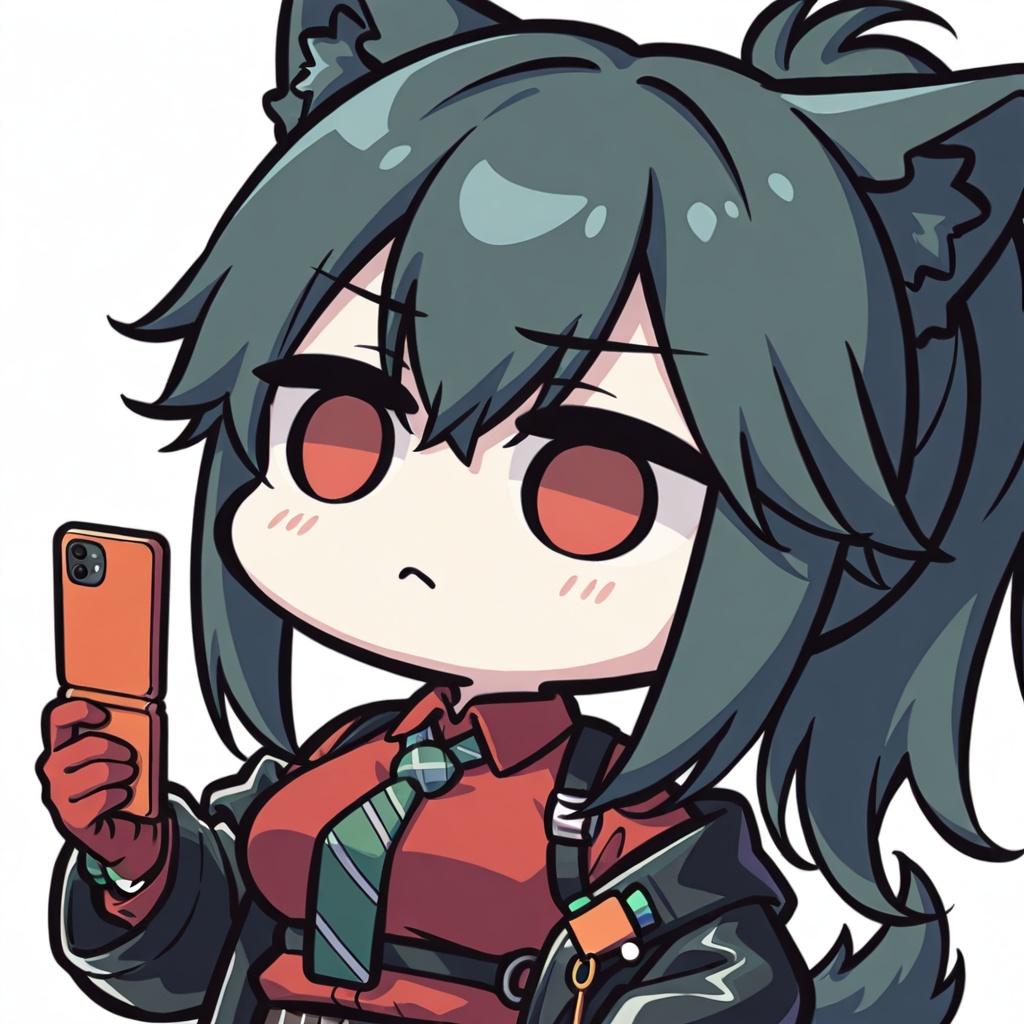 chibi,1girl,solo,upper body,texas \(willpower\) \(arknights\),arknights,animal ears,black hair,long hair,wolf ears,ponytail,,hair between eyes,sidelocks,animal ear fluff,wolf girl,red eyes,tail,wolf tail,meme,holding_phone, cellphone, virtual_youtuber,?,,white background,simple background,<lora:Kei_Style_noob-4:1>,