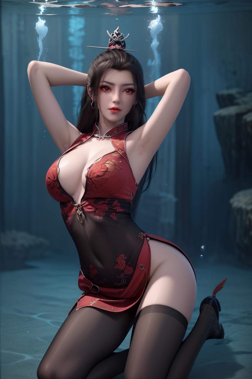 1girl,underwater,submerged,floating hair,air bubble,holding breath,see-through,masterpiece,best quality,highly detailed,fish,(wide hip:1.2),jellyfish,earrings,hair ornament,sea weed,coral reef,shark,sea turtle,sexy pose,kneeling,chinese dress,chinese clothes,big breasts,(looking at viewer:1.2),black pantyhose,arms up,torn pantyhose,
