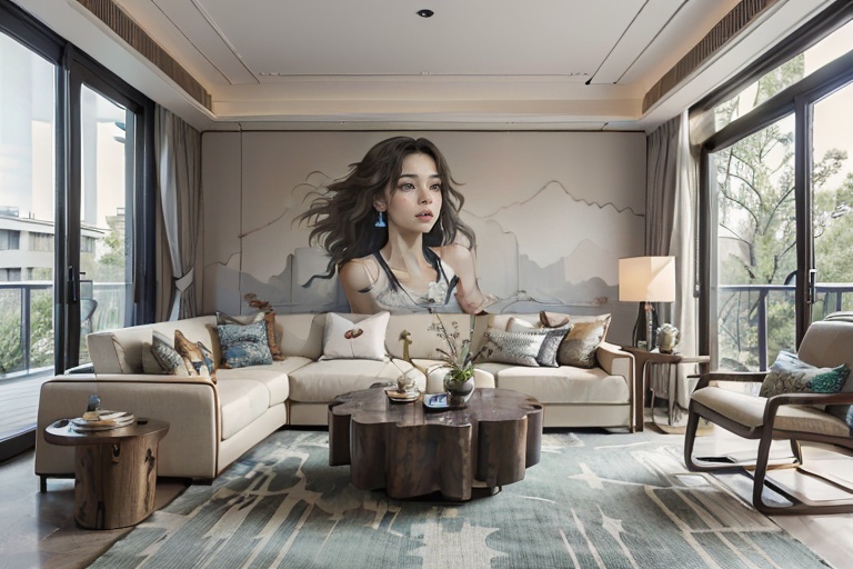 offcial art,colorful,Colorful background,splash of color A beautiful woman with delicate facial features,big breasts,full body,Sit on the couch and read,A living room in a very large apartment,villa,(installation art:1.2),soft lighting,complex surfaces,artistic arrangement,depth of field,gray sofa,tea table,floor-to-ceiling windows,(masterpiece),(best quality:1.2),(ultra-high resolution:1.2),(realistic:1.2),(8k:1.2),insanely detailed,hyper quality,ultra detailed,nature,<lora:Oriental_plum_bamboo:0.5>,