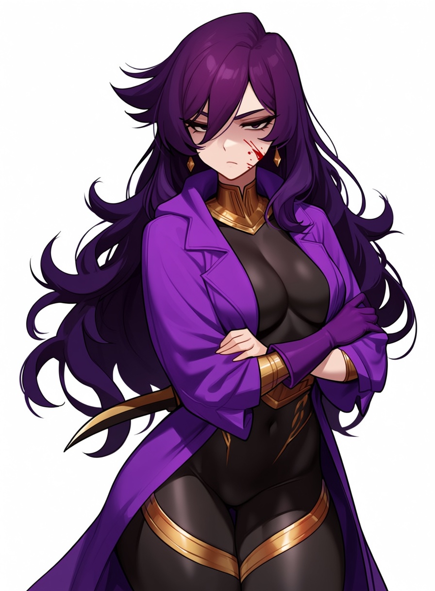 Centurii_Style,  a girl with long flowing purple hair dressed in a purple robe like a jacket as well as a black bodysuit w...
