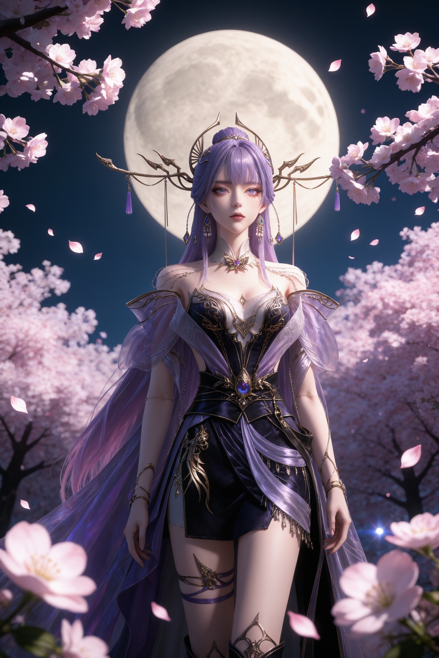 Nai3 style,realistic style photo,outstanding style,Use soft lighting to cast gentle shadows on the subject,adding a touch of dimension to your images without compromising details,whirls of vapor,(Anime:1.1),soft neon light,ethereal ambiance,delicate details,magical atmosphere,concept art,highly detailed,ultra-high resolution,32K UHD,sharp focus,best-quality,masterpiece,golden hour,unconventional supreme masterpiece,masterful details,temperate atmosphere,with a high-end texture,in the style of fashion photography,magazine style,Dynamic Angle,Dynamic posture,magazine style,Dynamic Angle,Dynamic posture,(cowboy_shot:1.2),eye trail,depth of field,cinematic lighting,lens flare,(artist:quasarcake:0.8),close-up,(artist:quasarcake:0.8),extreme aesthetic,(wlop:0.6),(honjou raita,lack,rella,wanke:0.5),masterpiece,best quality,good quality,newest,year 2025,very aesthetic,absurdres,Visual impact,A shot with tension,ultra-high resolution,32K UHD,sharp focus,best-quality,masterpiece,Emotionalization,unconventional supreme masterpiece,masterful details,temperate atmosphere,with a high-end texture,in the style of fashion photography,(Visual impact:1.2),giving the poster a dynamic and visually striking appearance,<lora:百炼成神3-天穹IL:0.7>,1girl,long hair,hair ornament,purple hair,earrings,purple eyes,hair rings,hair ornament,necklace,bare shoulders,purple dress,black dress,thigh strap,boots,, masterpiece,best quality,solo,1girl,upper body,petals,looking at viewer,moon,branch,cherry blossoms,flower,extreme aesthetic,(quasarcake:0.7),masterpiece,best quality,good quality,newest,very aesthetic,absurdres,A shot with tension,(Visual impact,giving the poster a dynamic and visually striking appearance:1.2),impactful picture,offcial art,colorful,splash of color,movie perspective,