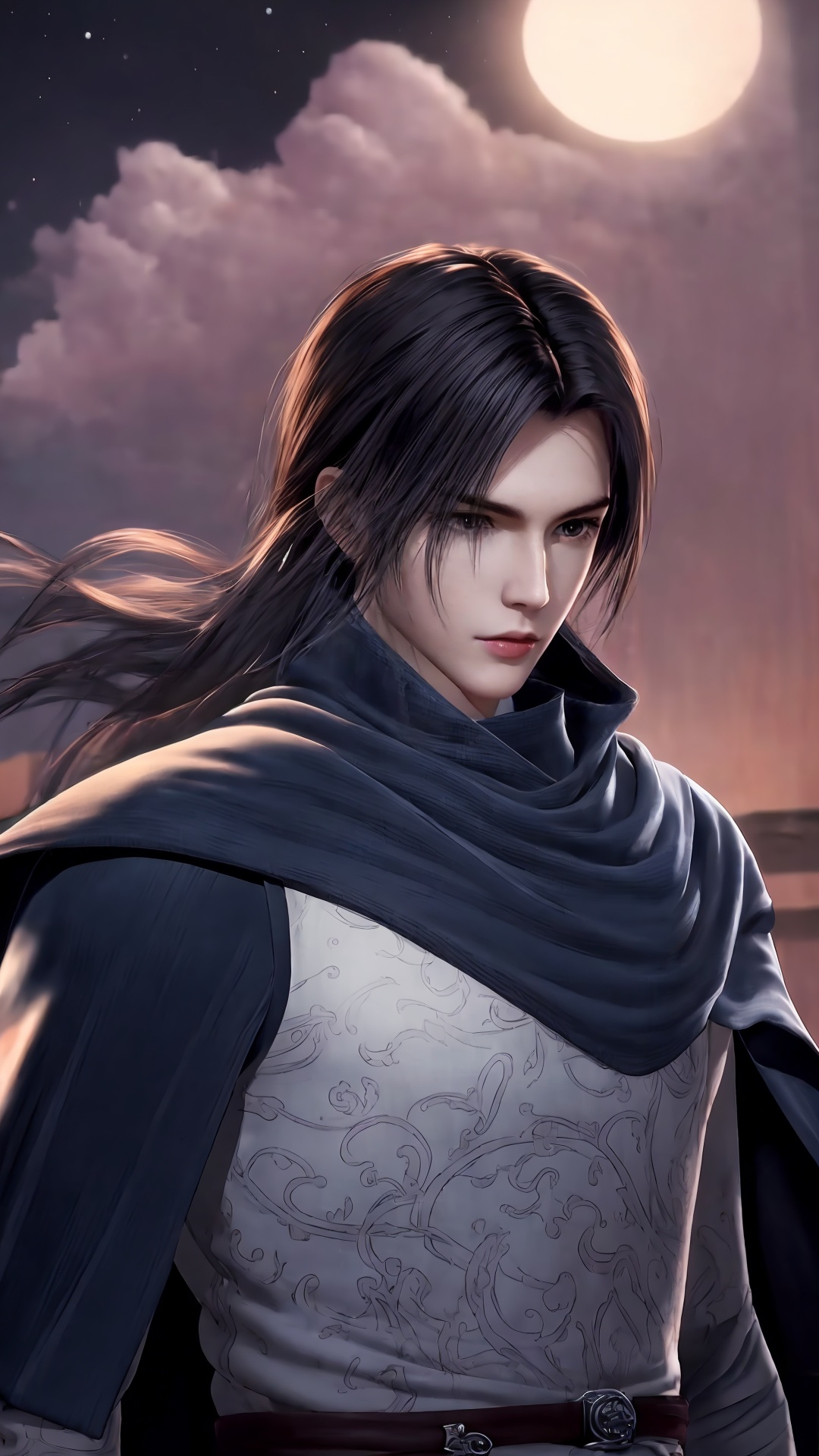 (1boy:0.8),male focus,cape,armor,solo,black hairr,<lora:Ge Nie man Boy Handsome boy swordsman_20240829181204:0.8>,highres,wallpaper,huge filesize,mid_shot,bust,upper_body,china_dress,chinese style architecture,moonlight,night_sky,