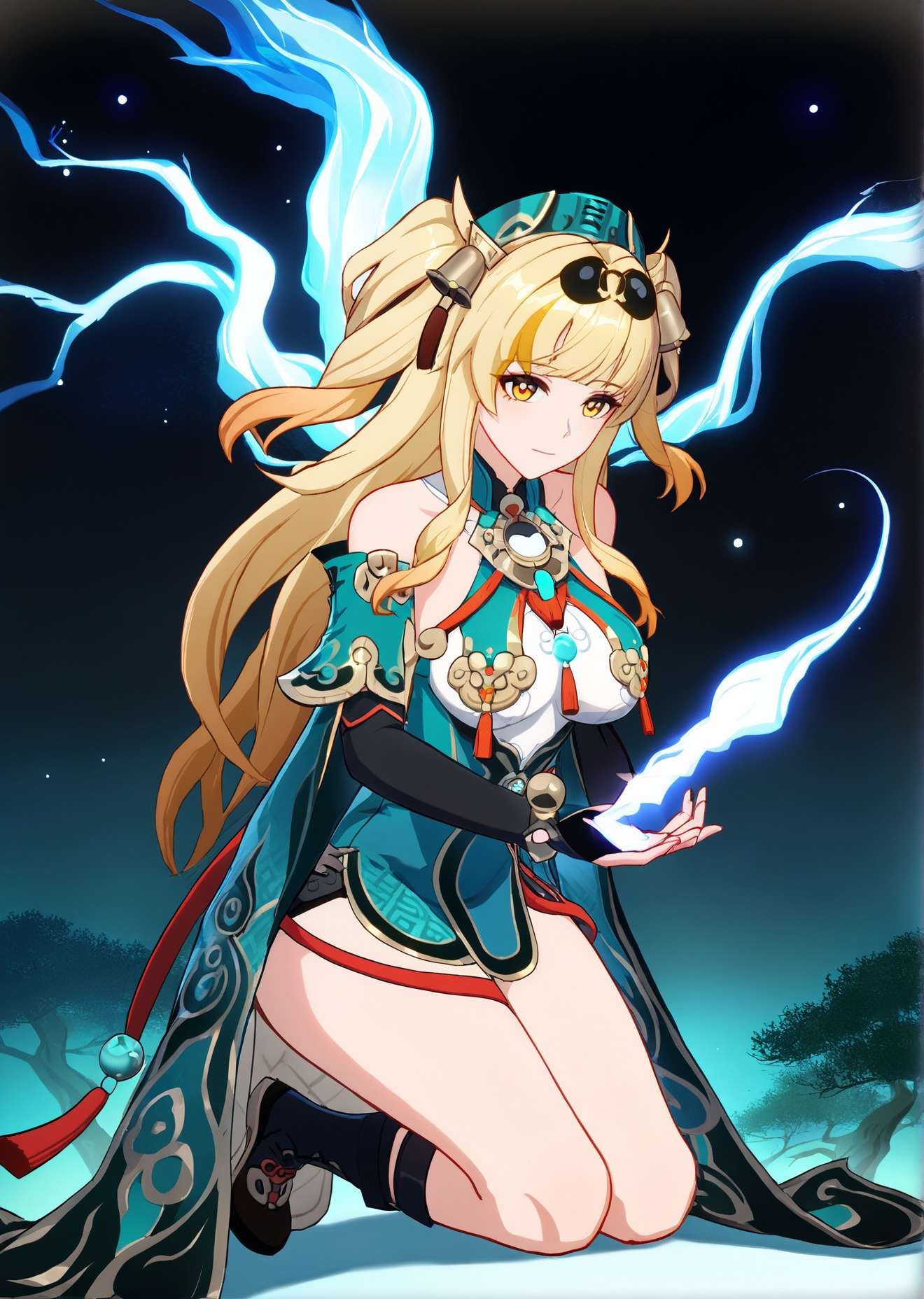 8k, best quality, masterpiece, (ultra-detailed), (high detailed skin), <lora:songque-artiwaifu-Tanger-000009:0.7>, 1 old man, 1girl, songque, 1st clothes, shen1, 1girl, blonde hair, long hair, two side up, breasts, multicolored hair, kneeling under an ancient, gnarled tree. A wise immortal figure in flowing white robes gently touches her head, bestowing a blessing. Mystical aura surrounds them. Ethereal forest background with soft, glowing lights filtering through the trees. Dreamlike ambiance, golden and blue hues. Created Using: delicate brush strokes, traditional Chinese painting style, soft gradients, intricate details, fantasy art, serene expression, mystical lighting, ethereal atmosphere, hd quality, natural look, <lora:jijiav2-a3-Tanger-000005:0.8>, jjijia, 2d, anime, 