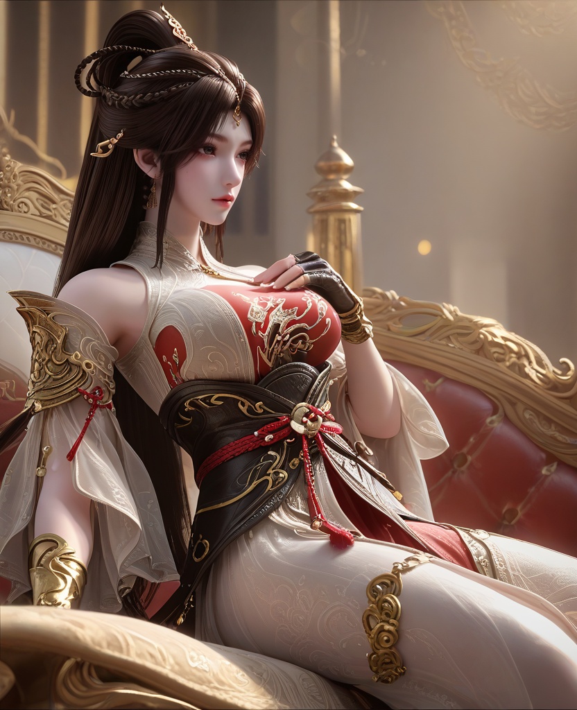 (oriental architecture, elegant decor, sophisticated style:1.1),(Reclining leisurely against a pile of pillows, one hand lazily caressing her own breast while the other trails seductively down her stomach, she exudes an air of confidence and sexuality that is simply irresistible:1.1),(Wide shot, capturing the subject and their full surroundings:1.1),(large breasts:1.2),<lora:XL16云深不知梦羲和第7集封魔祭典:0.95>,miss xihe,two-tone black and red corset dress,left pauldron,black hair,very long hair,half-up crown ponytail with long cascading hair,hair ornament,jewelry,black fingerless gloves,sash,, score_9,score_8_up,score_7_up,score_6_up,score_5_up,score_4_up,3d rendering,tag1,tag2, Cinematic Lighting,backlighting,