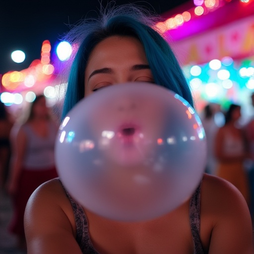 Selfie of an Asian lady with blue short hair blowing bubblegum at night carnival,  wink,  one eye closed on Tensor.Art