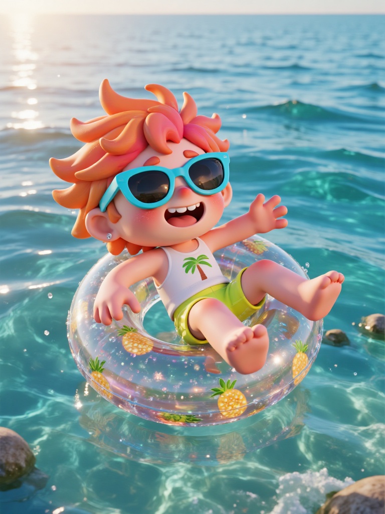 3D trendy character design featuring a chibi 3D cartoon boy with vibrant pink or sunset-orange hair styled in messy,  wind...