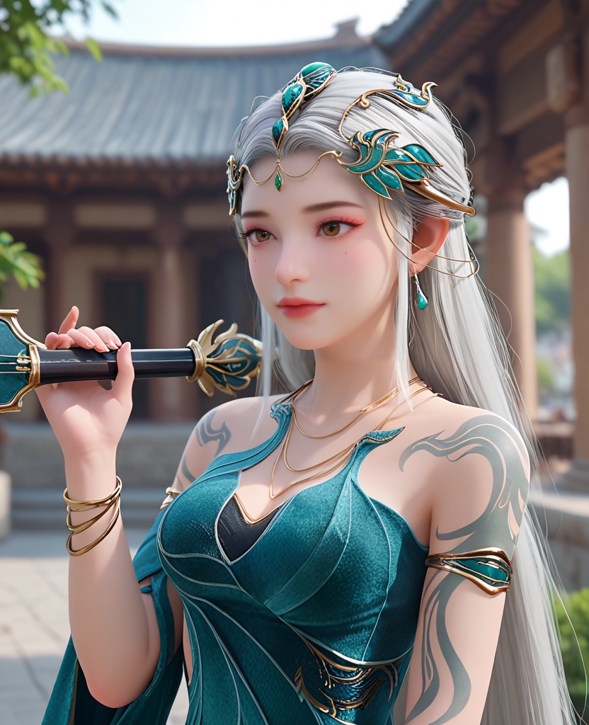 (oriental architecture, elegant decor, sophisticated style:1.1),(holding instrument:1.1),(breasts:1.2),<lora:XL遮天秦瑶:0.8>,miss qinyao,green strapless dress,armlet,arm tattoo,necklace,feather overskirt,bracelet,hair ornament,long hair,white hair,brown eyes,pink eyeshadow,moles under the eyes,medium breasts,cleavage,lips,, score_9,score_8_up,score_7_up,score_6_up,score_5_up,score_4_up,3d rendering,tag1,tag2, Cinematic Lighting,backlighting,