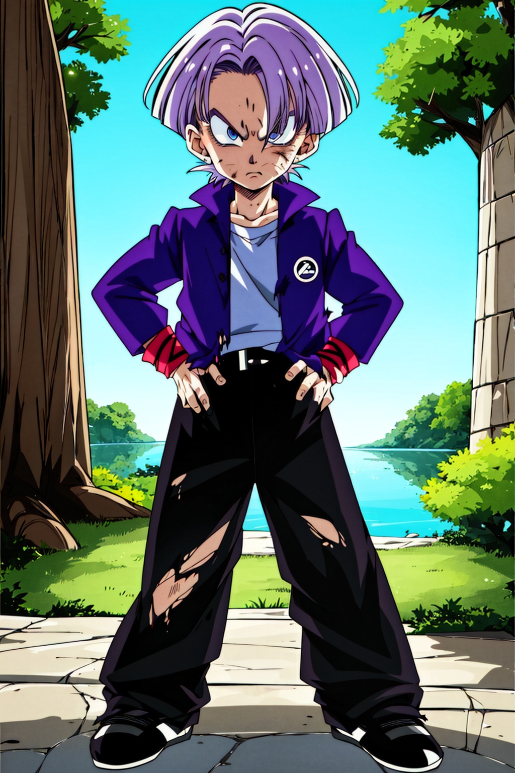 1boy,black pants,blue eyes,bruise,full body,hand in pocket,hands on hips,jacket,long sleeves,looking at viewer,male child,male focus,purple hair,shirt,shoes,short hair,solo,standing,torn jeans,tree,v-shaped eyebrows,wristband,<lora:kp_鸟山明V3:0.8>,kp,