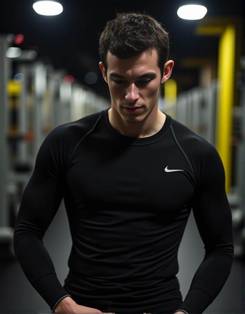 Callum Turner ,  A detailed low-angle image. in exceptional quality. He is in a gym with a predominance of black and a lit...