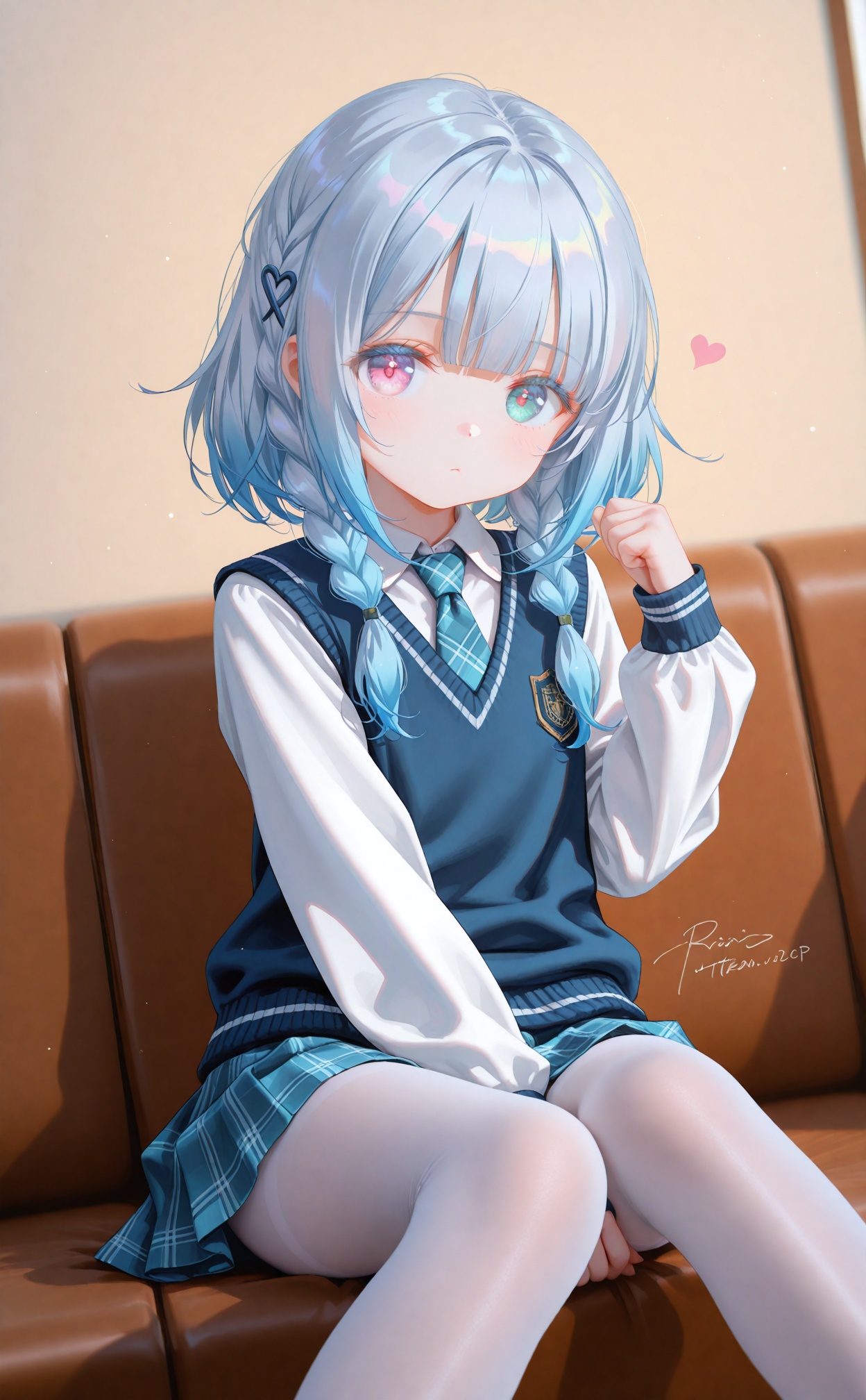 masterpiece,very aware,highres,absurdres,newest,best quality,petite,high quality,chromatic_aberration,cinematic_angle,dutch angle,//,artist:torino aqua,artist:rhasta,artist:wlop,artist:ke-ta,artist:hiten \(hitenkei\),//,1girl,white pantyhose,white hair,solo,between legs,necktie,skirt,pantyhose,hand between legs,multicolored eyes,braid,sitting,green eyes,looking at viewer,blue skirt,dated,shirt,hair ornament,signature,heterochromia,blush,pleated skirt,medium hair,purple eyes,gradient eyes,long sleeves,white shirt,arm between legs,blue vest,vest,collared shirt,hand up,feet out of frame,school uniform,pink eyes,symbol-shaped pupils,closed mouth,side braid,colored eyelashes,blue eyes,short necktie,miniskirt,long hair,knees together feet apart,blue hair,dot mouth,sleeves past wrists,child,multiple braids,sidelocks,clenched hand,light blush,blue sweater vest,thighband pantyhose,expressionless,print necktie,short hair,side braids,blunt bangs,artist name,heart-shaped pupils,eyes visible through hair,sleeve cuffs,plaid necktie,aqua eyes,wing collar,heart,two-sided skirt,blurry,white sleeves,brown background,french braid,dot nose,aged down,thighs,multicolored hair,
