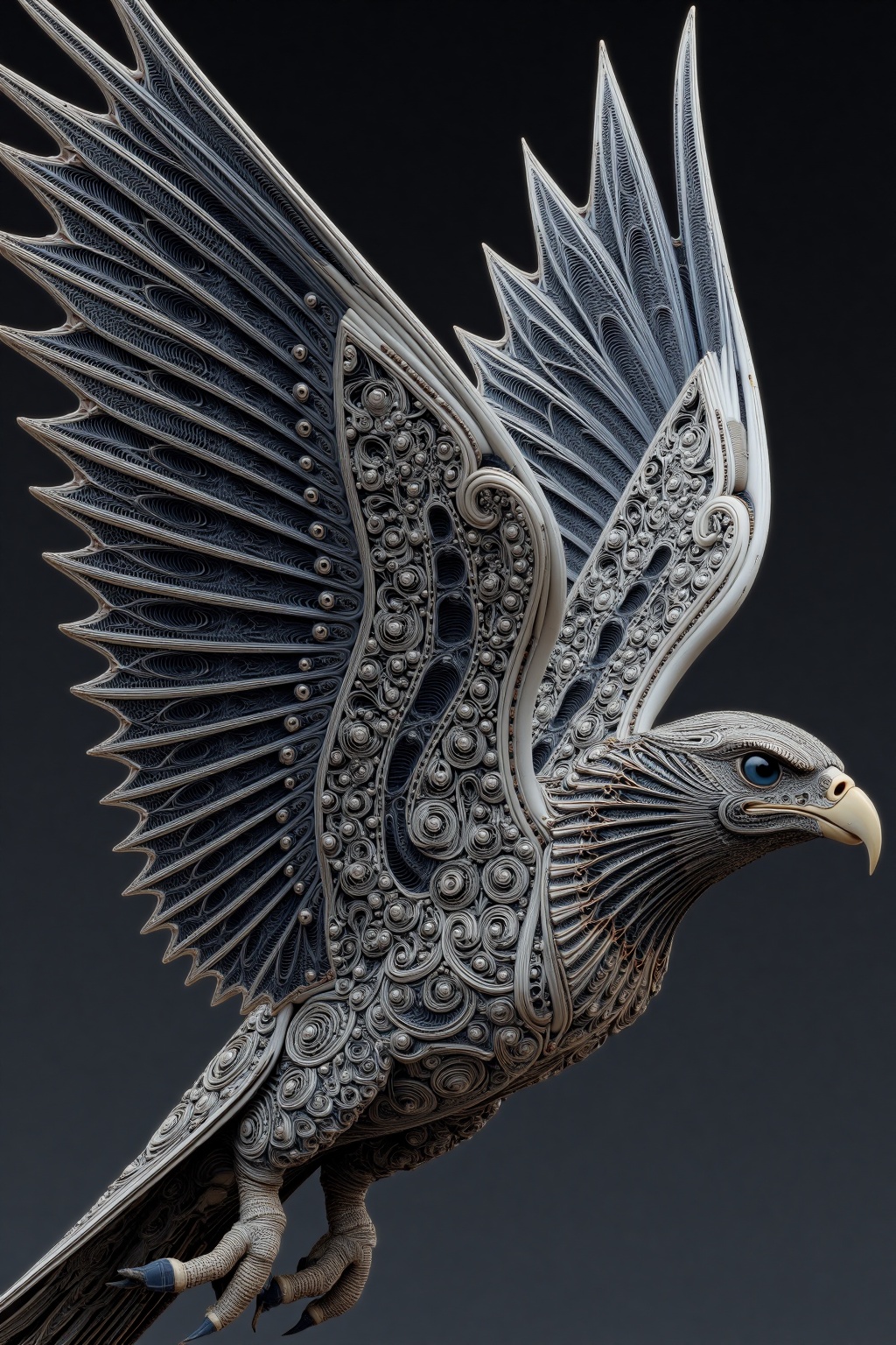 beijihui,a close-up view of an eagle's head is seen against a dark backdrop. The eagle's wings are adorned with intricate swirls, adding a touch of beauty to the scene. The bird's eye is a piercing blue, and its beak is adorned with a white, sharp, protrudingudinguding from its head. Its head is encased in a pattern of white and black filigree, adding depth to the composition. The background is a deep black, creating a stark contrast to the bird's feathers.