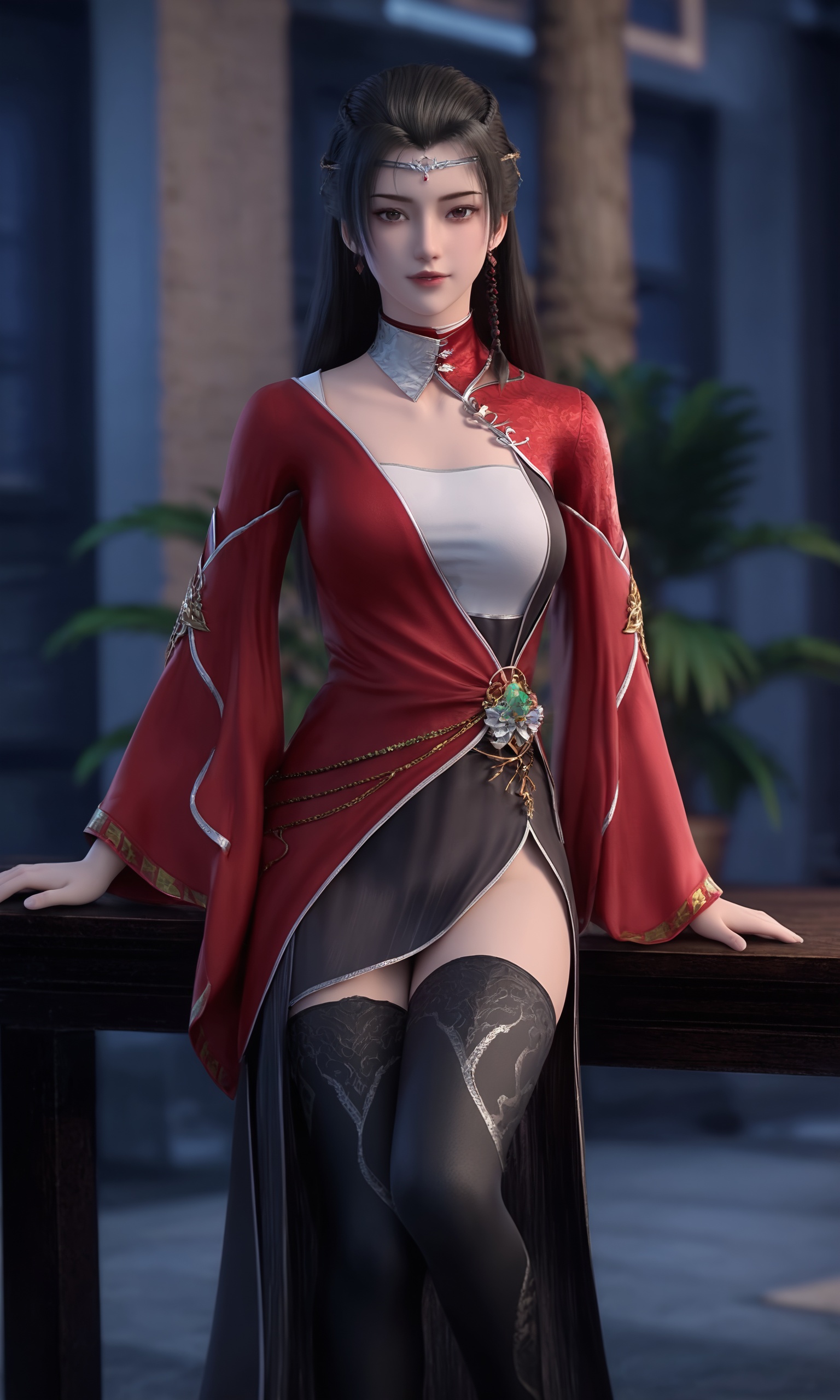 blurry,looking at viewer,blurry background,<lora:紫川-流风霜Pony:0.8>,1girl,straight,long black hair,silver tiara-like headpiece,striking red outfit with intricate gold embroidery,long,flowing sleeves,high-collared,form-fitting bodice,black,large,ornate brooch with a green gem,flowing skirt,thigh-high black stockings,black boots,