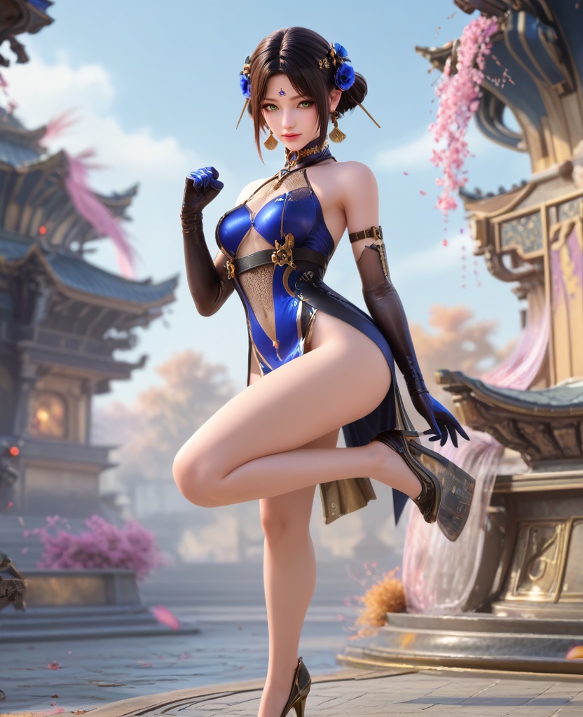 (oriental architecture, elegant decor, sophisticated style:1.1),(Fist Pump, One fist raised triumphantly in the air,:1.1),(breasts:1.2),<lora:XL16穿越火线步练师保卫者:0.95>,miss bulianshi,blue short dress paired with black lining,mesh top,green eyes,forehead mark,black hair,double hair buns,hair ornament,elbow gloves,armlet,earrings,necklace,belt,black high heels,, score_9,score_8_up,score_7_up,score_6_up,score_5_up,score_4_up,3d rendering,tag1,tag2, Cinematic Lighting,backlighting,, zPDXL3, zPDXL2,zPDXL, zPDXLxxx, zPDXLrl,