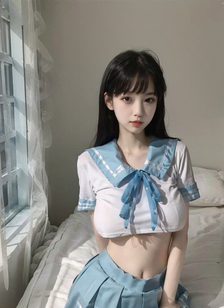 (masterpiece, best quality:1.4),finely detailed,1girl,solo,pale skin,perfect body,(gigantic breasts:1.2),(standing),<lora:性感冰蓝jk制服-000008:0.8>,school uniform,blue skirt,serafuku,(upper body:1.2),