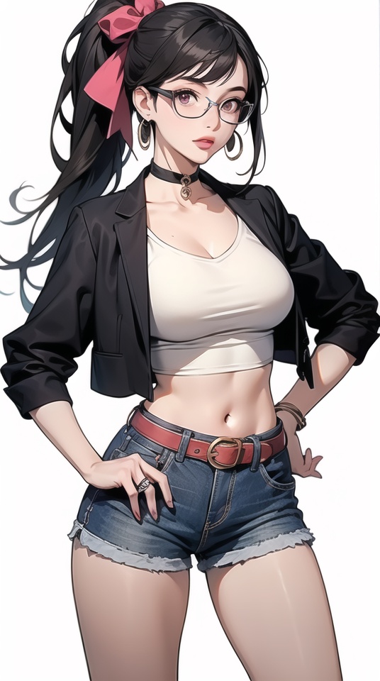 (best quality), ((masterpiece)), (highres), illustration, original, extremely detailed,  1girl, solo, glasses, jewelry, shorts, jacket, hand on hip, ring, ponytail, long hair, short shorts, black hair, belt, choker, pink eyes, black shorts, breasts, ribbon, earrings, shirt, hair ribbon, white background, midriff, simple background, large breasts
