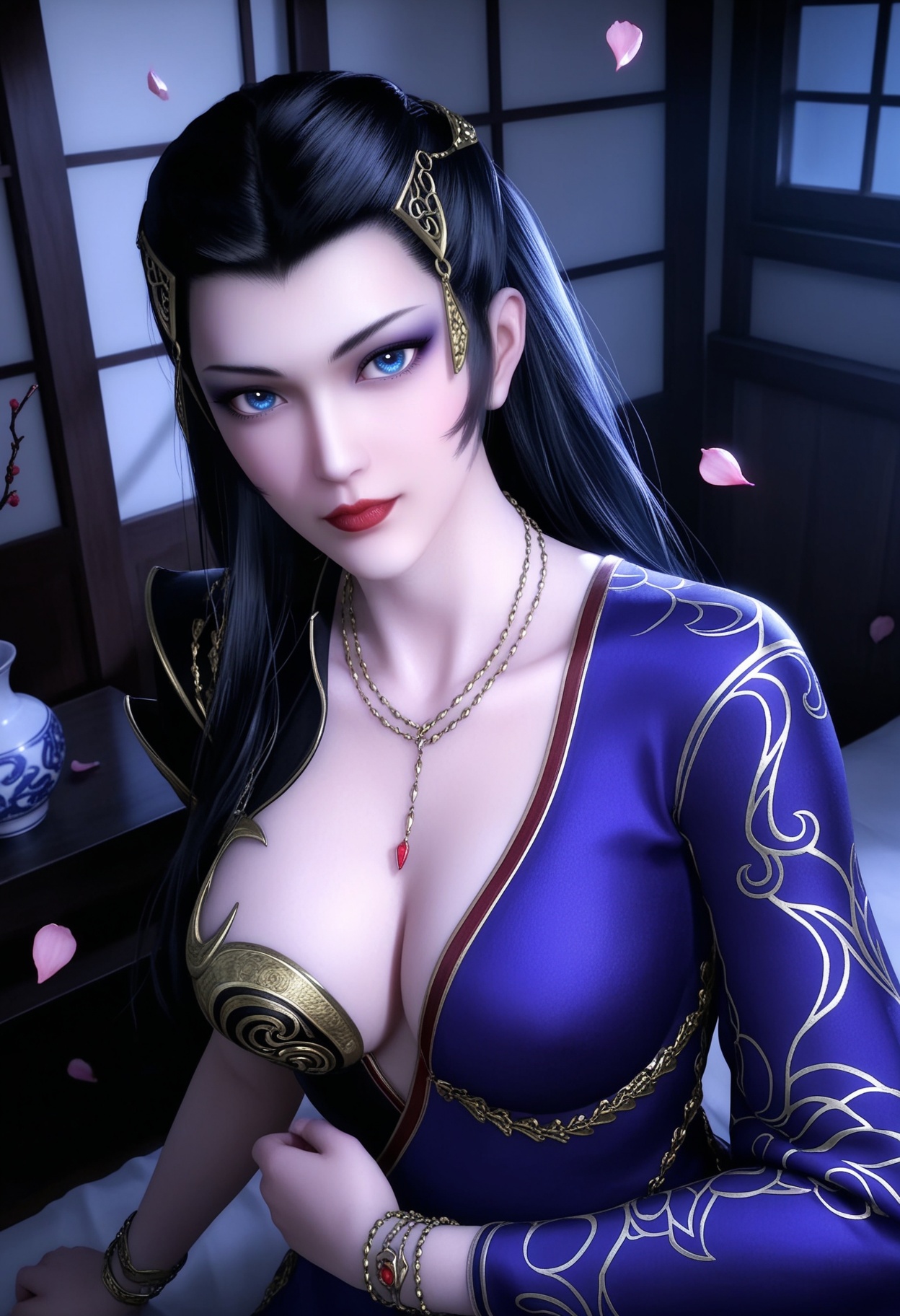 masterpiece,best quality,amazing quality,very aesthetic,high resolution,ultra-detailed,absurdres,scenery,photorealistic,(looking at viewer:1.1),(upper body:1.1),(Dark room:1.3),(moody lighting:1.1),peach blossom,falling petals,large breasts,xinyuekui,1girl,solo,black hair,long hair,jewelry,hair ornament,blue eyes,necklace,red lips,makeup,realistic,dress,bracelet,purple dress,single sleeve,high heels BREAK photorealistic details,<lora:QQSillxinyuekuiV1:0.8>,