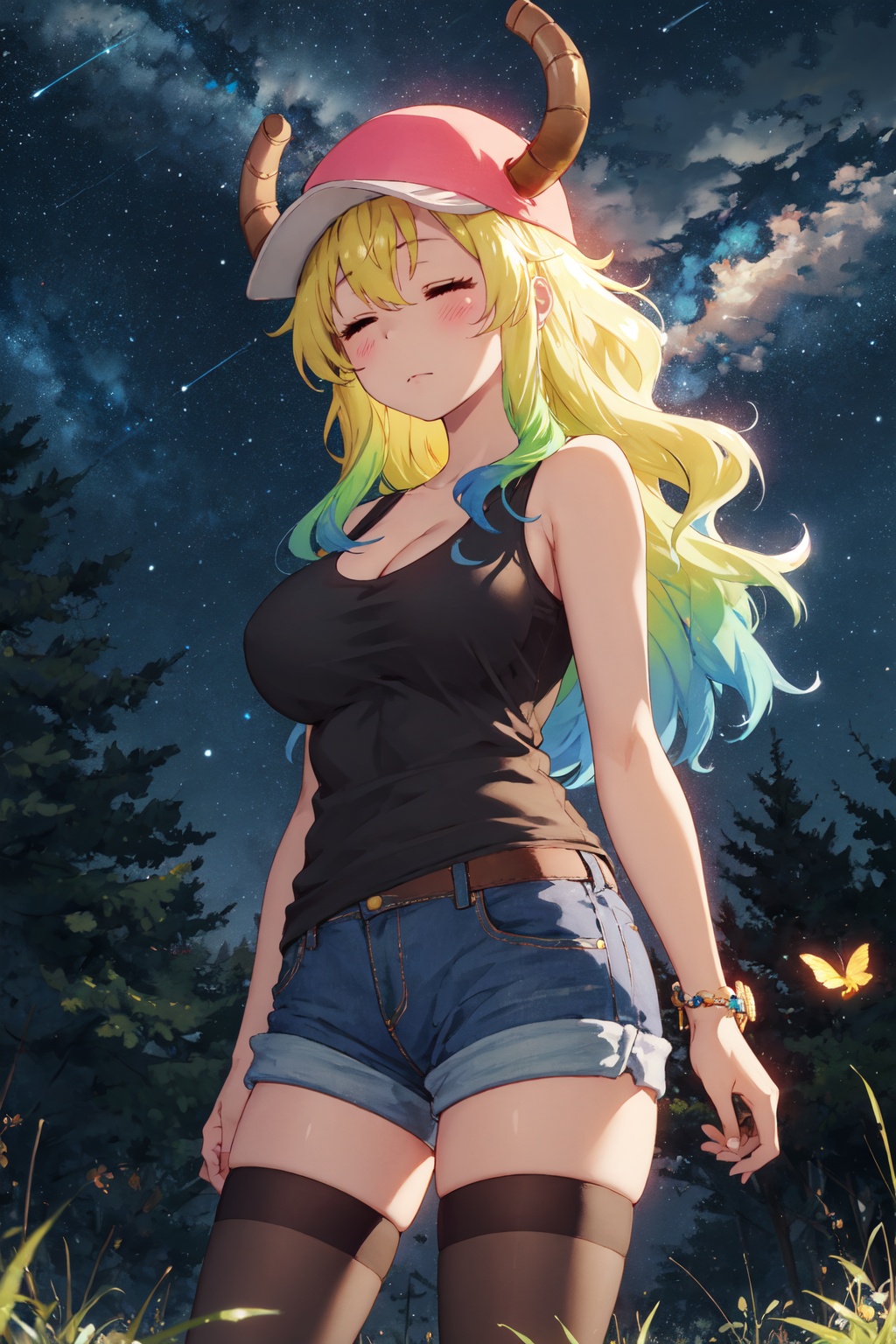 <lora:Quetzalcoatl-000019:0.8>,Lcoa CYQL,1girl,looking at viewer,solo,dragon girl,long hair,blonde hair,green hair,multicolored hair,gradient hair,horns through headwear,dragon horns,hat,pink headwear,closed eyes,**** top,black **** top,breasts,large breasts,cleavage,shorts,denim shorts,thighhighs,black thighhighs,denim,blue shorts,happy,cowboy_shot,As darkness falls, the sky twinkles with countless stars, the Milky Way spanning across the heavens. A gentle breeze rustles through the grass, and the distant howl of wolves intermingles with the chirping of insects,(Rose bushes, Golden sunlight, Evening glow, Rose petals, Garden sanctuary, English charm:0.5),beautiful detailed sky,beautiful detailed glow,posing in front of a colorful and dynamic background,masterpiece,best quality,beautiful and aesthetic,contrapposto,female focus,wallpaper,