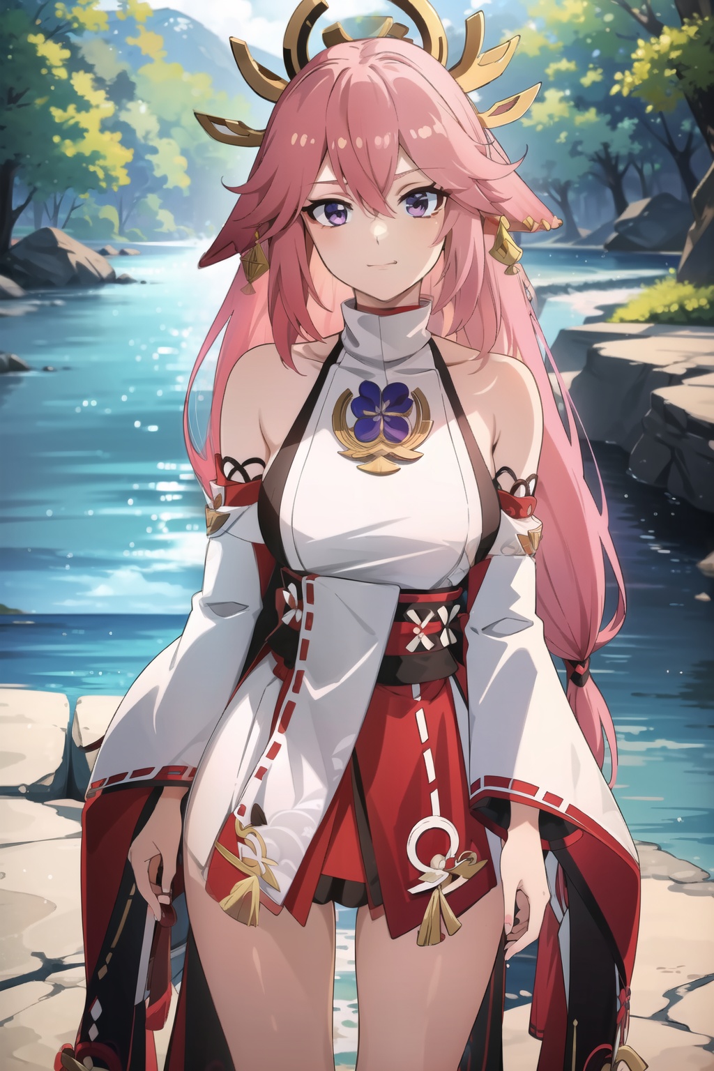 (masterpiece, best quality:1.2),insanely detailed,absurdres,ultra-highres,ultra-detailed,best quality,slender,kawaii,perfect symmetrical face,ultra cute girl,ultra cute face,ultra detailed eyes,ultra cute,ultra beautifu,<lora:Yae Miko-000008:1>,yae miko,1girl,solo,jewelry,detached sleeves,long hair,japanese clothes,wide sleeves,sandals,earrings,breasts,fox ears,bare legs,bare shoulders,long sleeves,toenail polish,hair ornament,ankle lace-up,neck ruff,backless outfit,nontraditional miko,smug,outdoors,day,standing,
