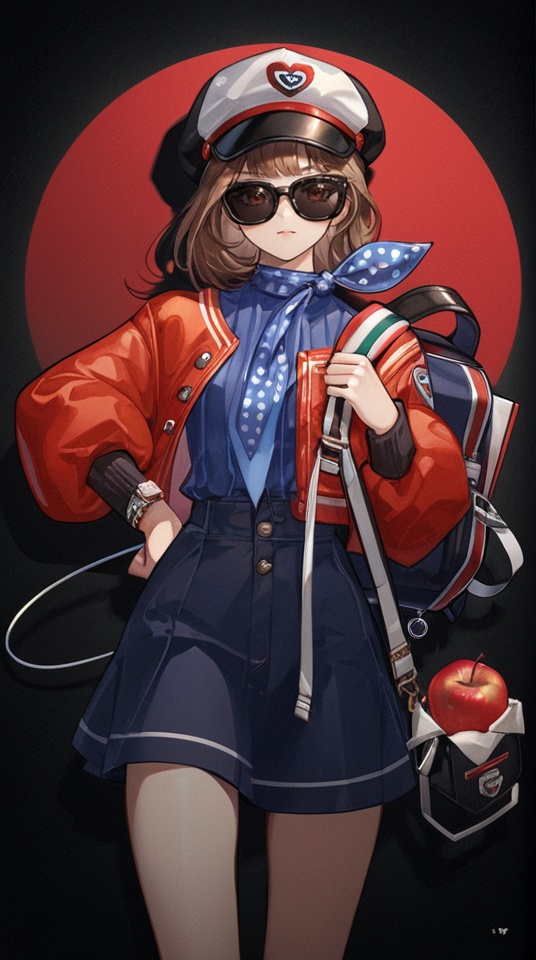 (best quality), ((masterpiece)), (highres), illustration, original, extremely detailed, <lora:GAME美学のTOP_重返未来:0.7>1girl, sunglasses, solo, hat, brown hair, bag, food, jacket, fruit, white headwear, skirt, long sleeves, apple, shirt, hand on hip, black background, closed mouth