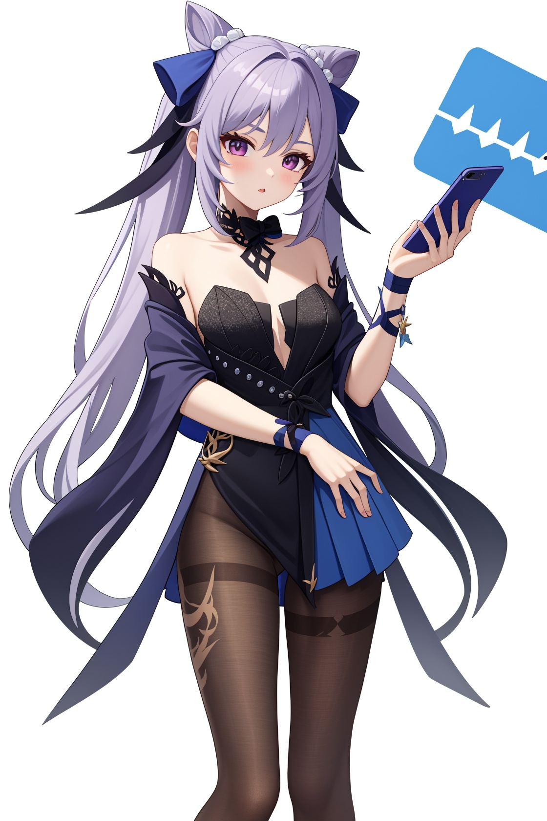 <lora:nai3画风bysdlion-000035:0:lbw=paint>,<lora:刻晴皮肤:1:lbw=char>,keqing,1girl,black pantyhose,bow,smartphone,iphone,holding smartphone,, (masterpiece,best quality,high quality:1.4),absurdres,