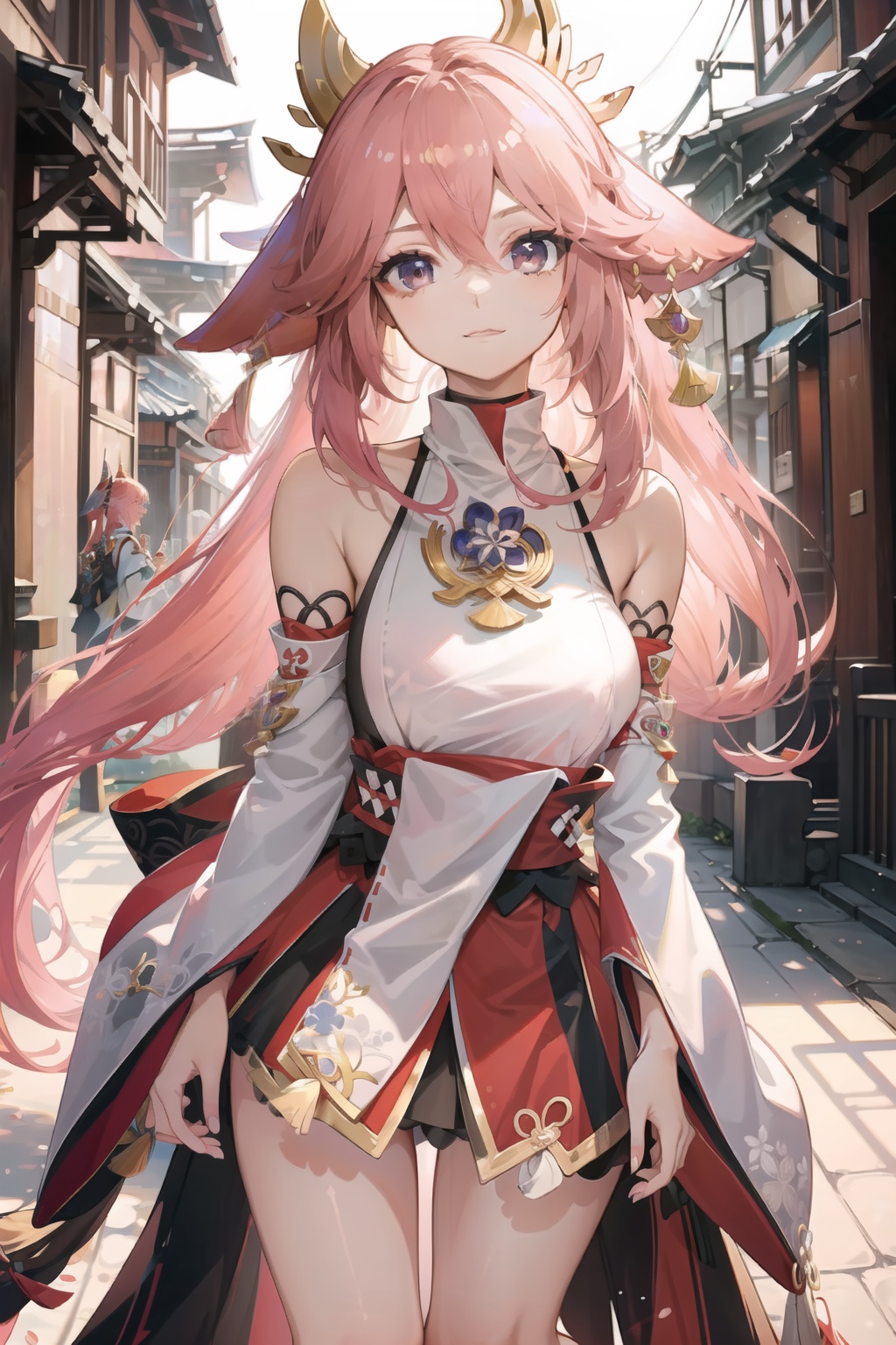 (masterpiece, best quality:1.2),insanely detailed,absurdres,ultra-highres,ultra-detailed,best quality,slender,kawaii,perfect symmetrical face,ultra cute girl,ultra cute face,ultra detailed eyes,ultra cute,ultra beautifu,toeless legwear,<lora:Yae Miko-000008:1>,yae miko,1girl,solo,1girl,solo,jewelry,detached sleeves,long hair,japanese clothes,wide sleeves,sandals,earrings,breasts,fox ears,bare legs,bare shoulders,long sleeves,toenail polish,hair ornament,ankle lace-up,neck ruff,backless outfit,nontraditional miko,outdoors,day,standing,