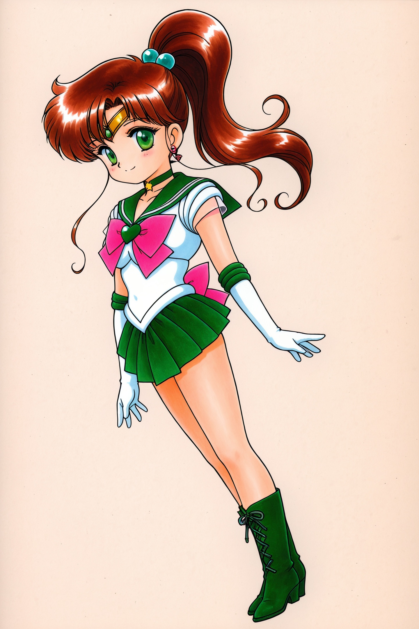 Juu Kuroinu Style,kino makoto,1girl,sailor jupiter,sailor senshi uniform,solo,green eyes,magical girl,green sailor collar,skirt,gloves,hair bobbles,sailor collar,ponytail,bow,jewelry,pink bow,hair ornament,white gloves,choker,green skirt,green footwear,earrings,green choker,back bow,boots,elbow gloves,long hair,brooch,star \(symbol\),smile,tiara,pleated skirt,traditional media,brown hair,dutch angle,star choker,high ponytail,chibi,<lora:black dog chibi_illustriousXL:1>,
