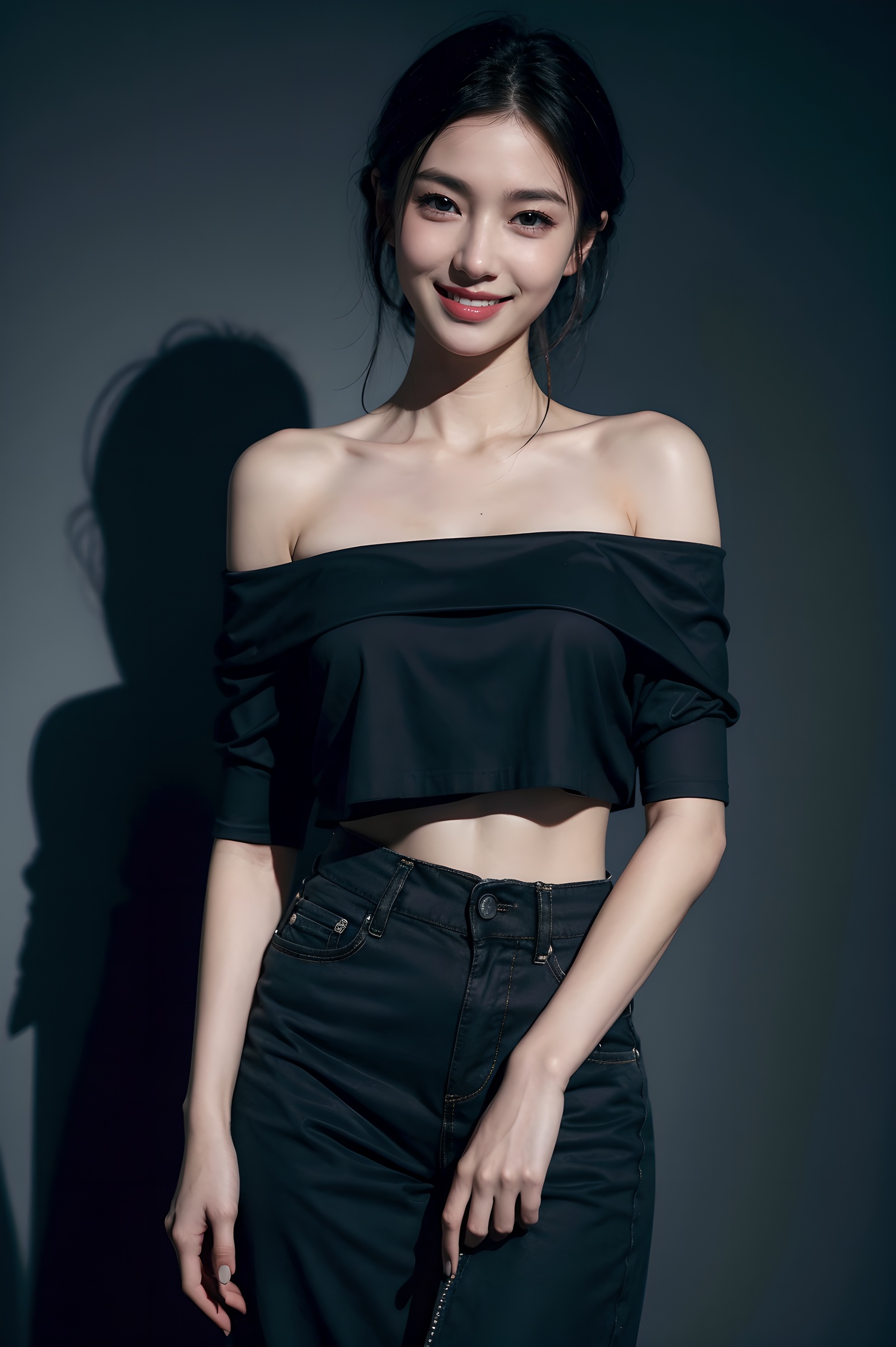 1girl, offshoulder, smile, cute, waist up, deep shadow, in the dark, low key.best quality, masterpiece, (photorealistic:1.4) .