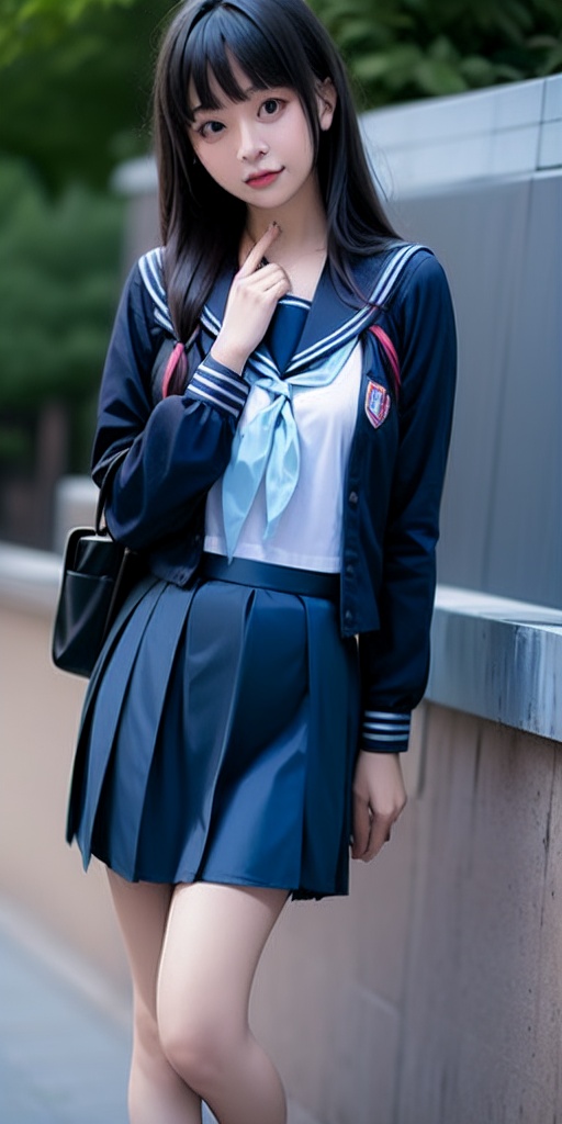 film,young girl,school uniform,long hair,black hair,skirt,serafuku,looking at viewer,sailor collar,outdoors,bangs,long sleeves,hand on own chin,pleated skirt,day,blunt bangs,shirt,black eyes,blue neckerchief,black skirt,white shirt,