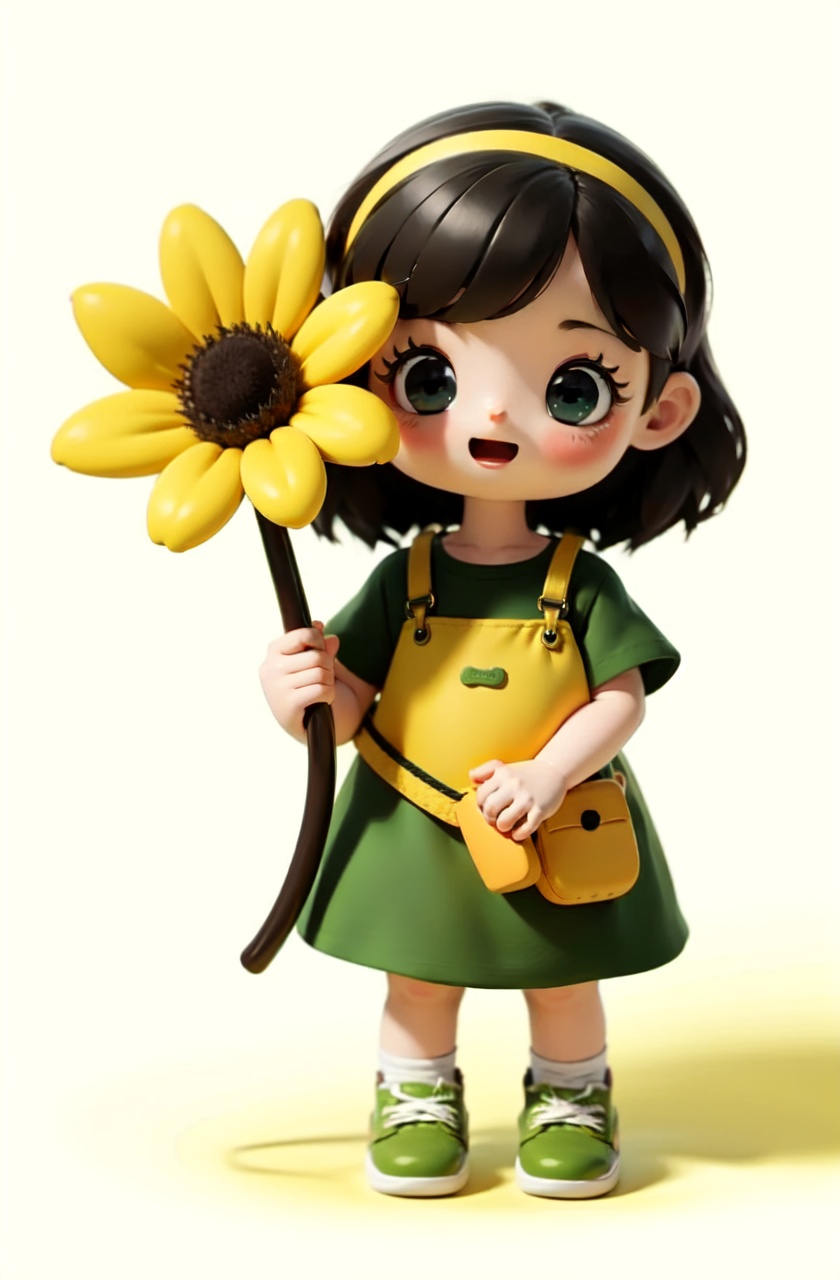 masterpiece,best quality,absurdres,1girl, solo, female child, v, green eyes, child, smile, simple background, shirt, open mouth, shoes, green shirt, looking at viewer, yellow background, black hair, blush, hairband, overalls, holding flower, standing,chibi