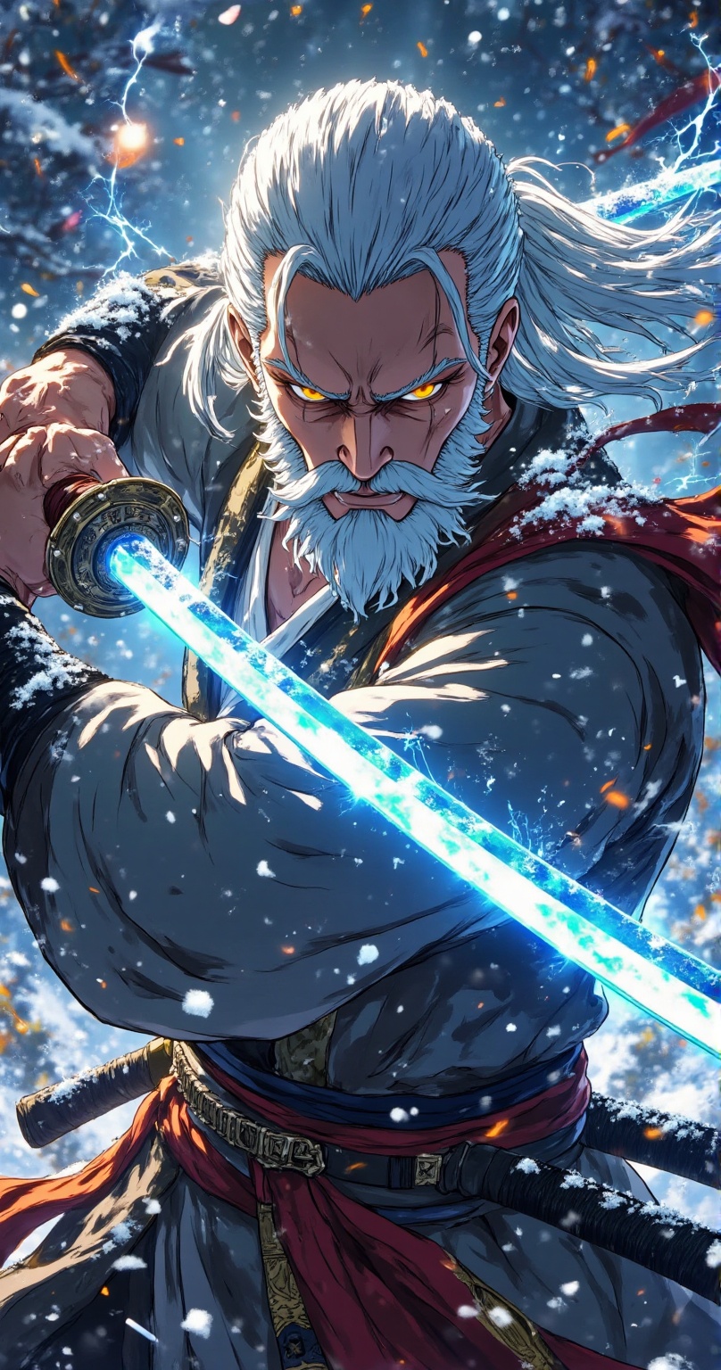 colorful,A white haired old man,holding a sparkling sword and wearing a gray robe,tied his long hair into a bun,with a nervous expression. It was snowing,with snow on his shoulders and lightning flashing on the sword. Snow and sparks danced around,and the flowing energy dispersed in all directions. The background was snowy,and from a close-up perspective,subtle light illuminated the scene. The exquisite features of keen eyesight,firm posture,decorative buckle,and flowing belt at the back created a peaceful and energetic atmosphere,blending elements of fantasy and martial arts.,from_below,dutch angle,dynamic_angle,