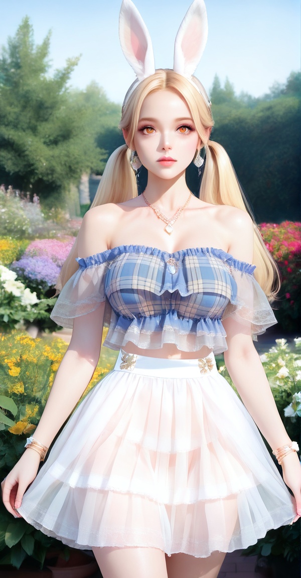 plaid shirt,  off-shoudler skirt,  rabbit ears on Tensor.Art