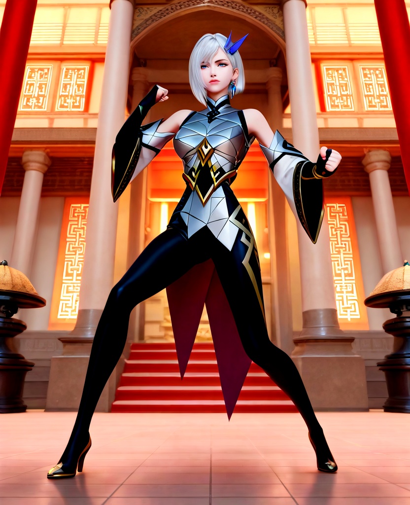 (oriental architecture, elegant decor, sophisticated style:1.1),(Dynamic Landing: One knee on the ground, fist pressed against the ground after a powerful landing,:1.1),(large breasts:1.2),<lora:ILCG王者荣耀东方镜:0.95>,1girl,form-fitting geometric chrome armor,blue eyes,white hair,short hair,hair ornament,earrings,black leather tights,bare shoulders,black fingerless gloves,detached sleeves,, score_9,score_8_up,score_7_up,score_6_up,score_5_up,score_4_up,3d rendering,tag1,tag2, Cinematic Lighting,backlighting,, zPDXL3, zPDXL2,zPDXL, zPDXLxxx, zPDXLrl,