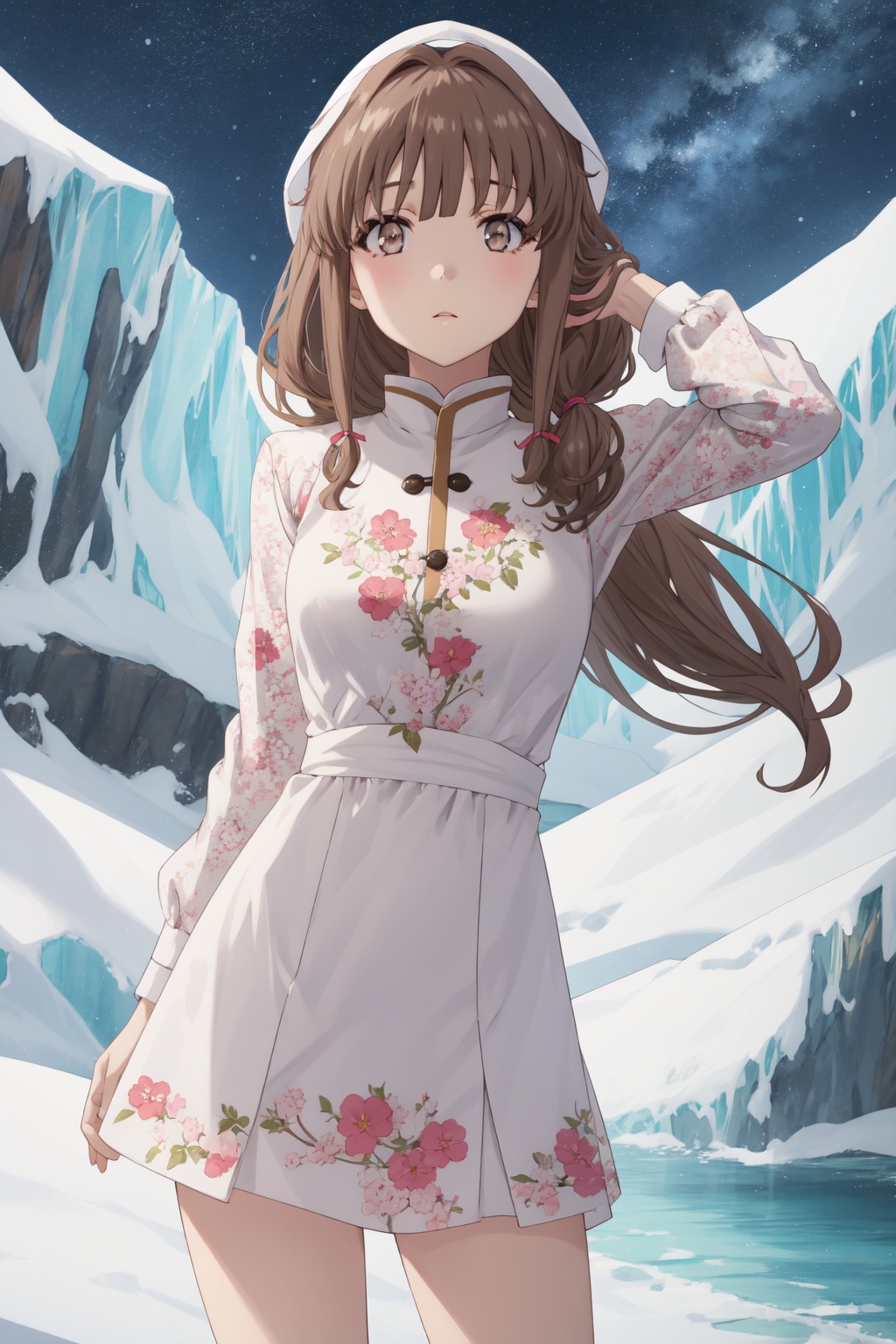 <lora:Kaede-000015:0.8>,Kaede CYQL,1girl,looking at viewer,solo,brown_hair,long_hair,bangs,brown_eyes,twintails,Embroidered mesh dress,female_orgasm,panorama,Glacier, Ice, Crevasse, Snowfield, Seracs, Mountaineers, Cold, Ice caves,(Climbing roses, Snow-covered cottage, Winter garden, Snowflakes, Winter wonderland, English charm:0.5),beautiful detailed sky,beautiful detailed glow,posing in front of a colorful and dynamic background,masterpiece,best quality,beautiful and aesthetic,contrapposto,female focus,wallpaper,