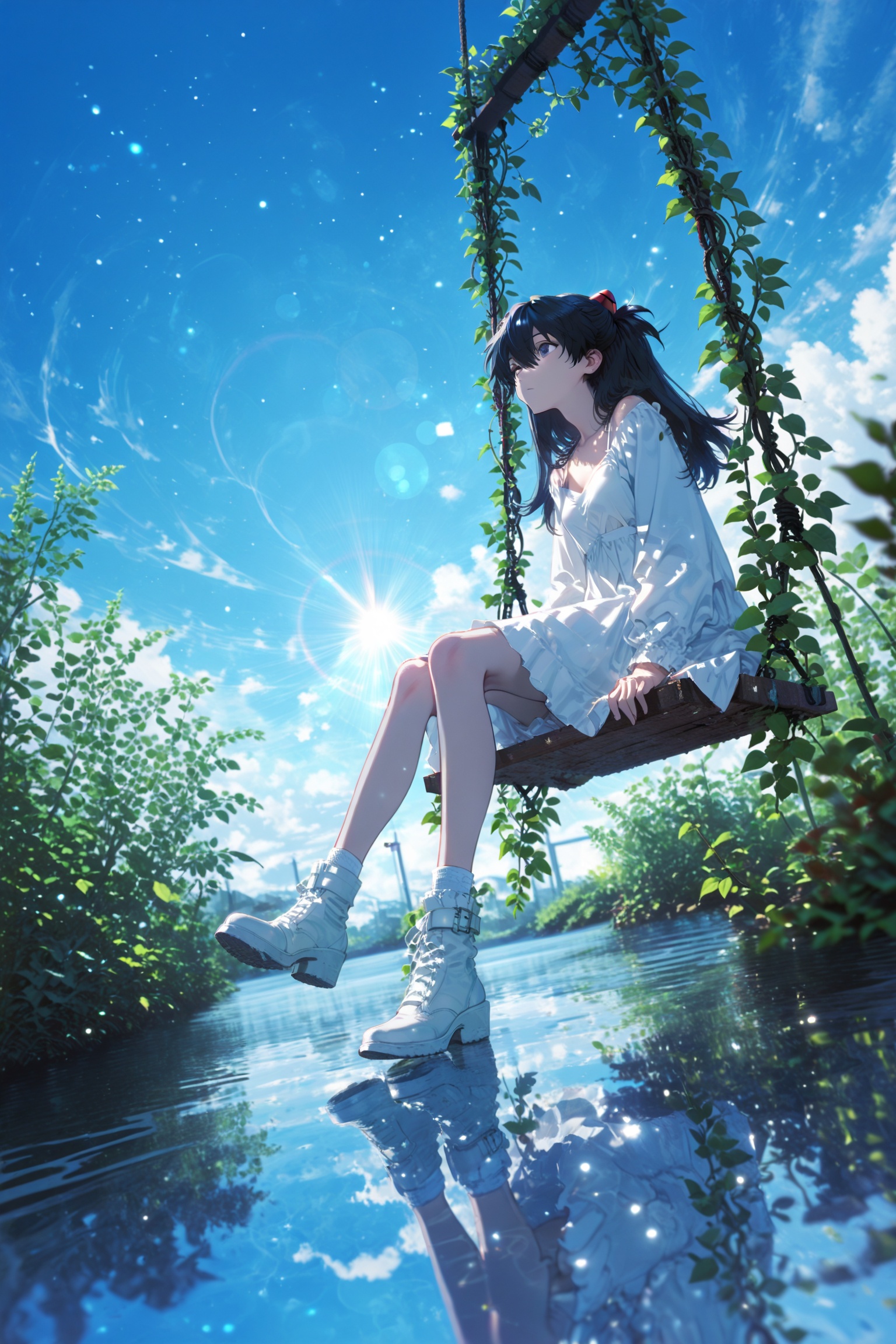 masterpiece,best quality,amazing quality,very aesthetic,absurdres,newest,in the style of fashion photography,light particles,cinematic lighting,Visual impact,sharp focus,Emotionalization,impactful picture,lens flare,depth of field,dynamic pose,dutch angle,extreme aesthetic,scenery,yoneyama mai:0.365,souryuu asuka langley,1girl,solo,black hair,dress,sitting,outdoors,sky,day,water,blue sky,white footwear,plant,scenery,reflection,vines,swing,