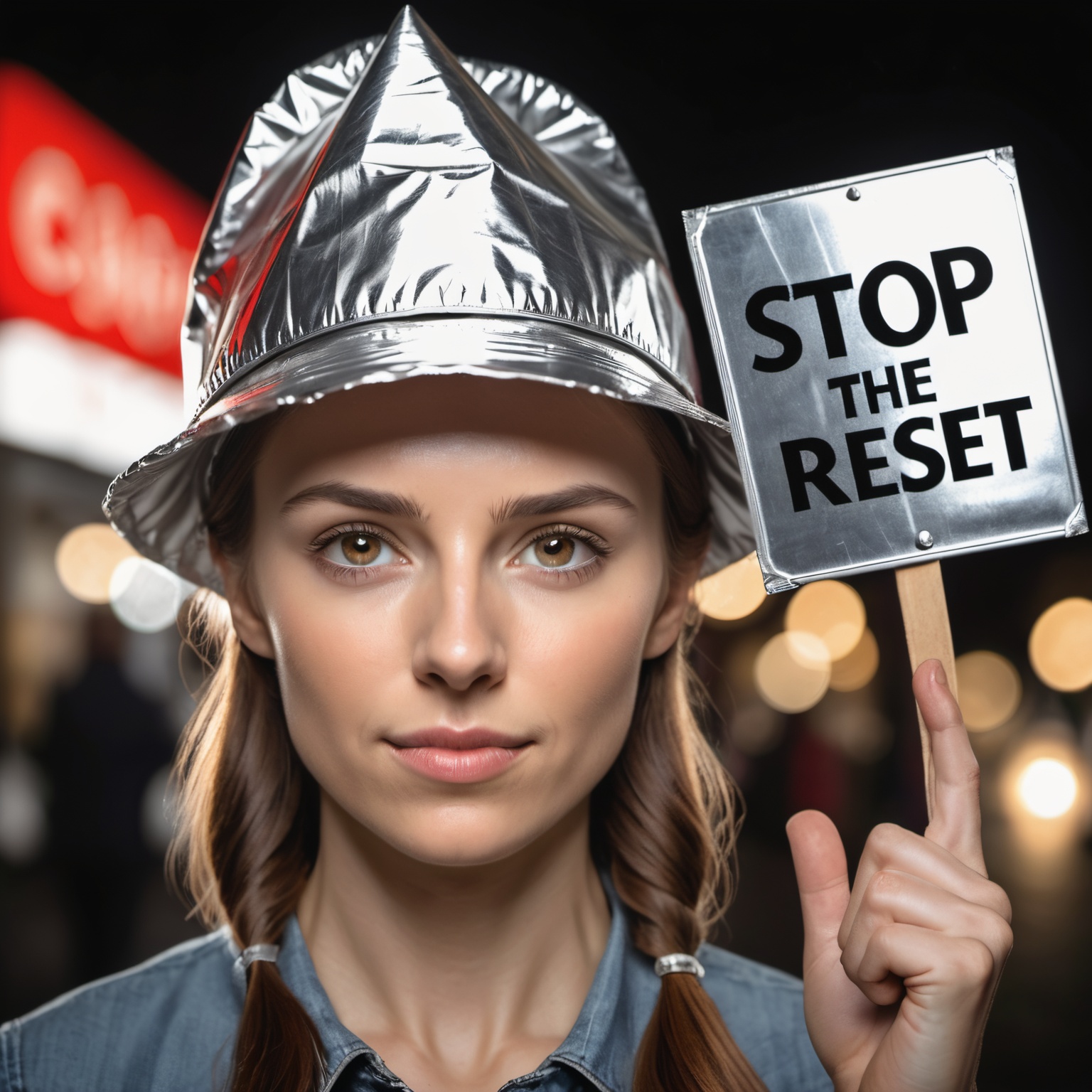 Closeup of an beautiful 25 years old woman wearing an tin foil hat holding a sign text "stop the great reset",  high quali...