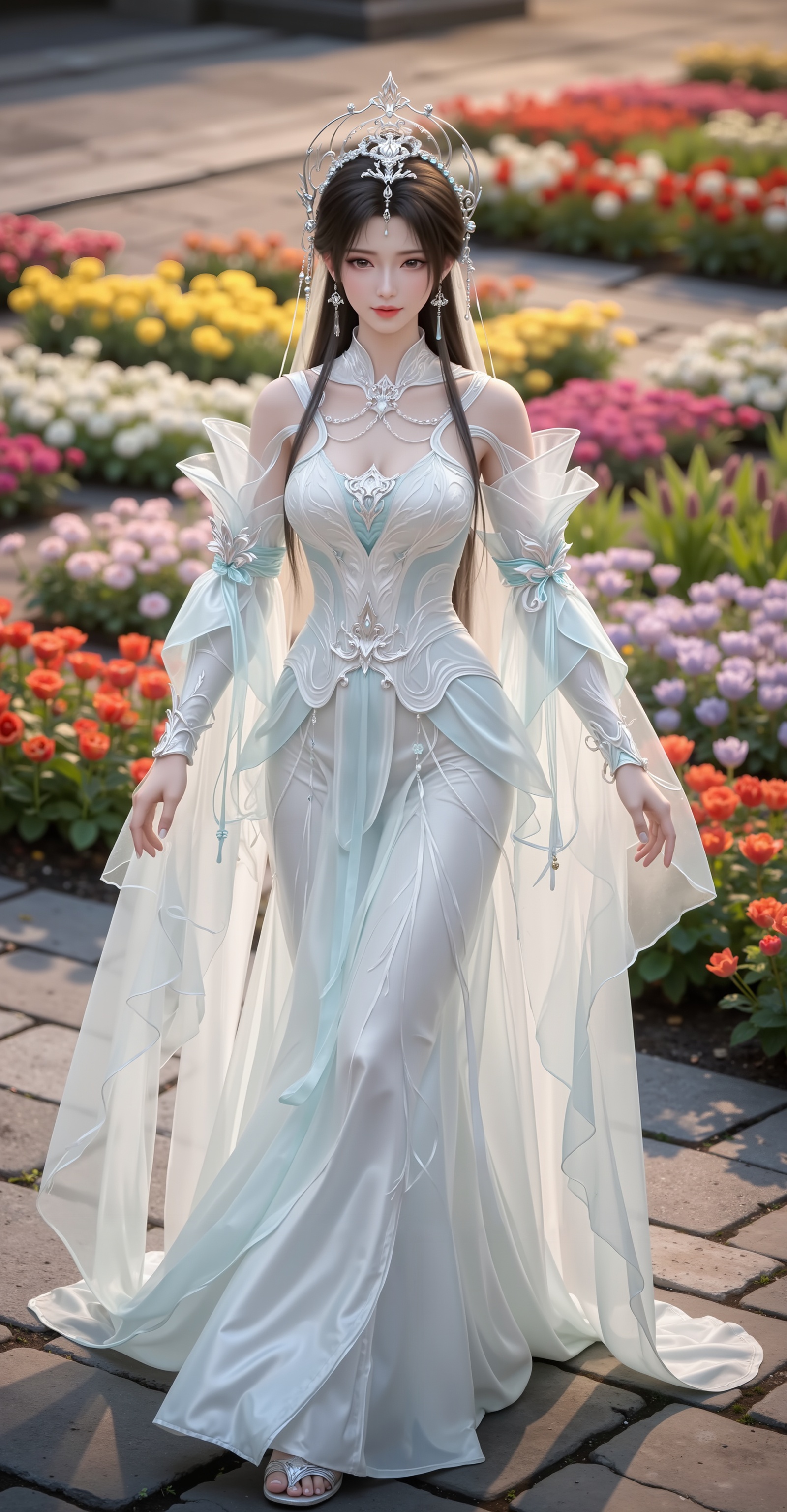 <lora:清漪·新建模6:1.1>,qingyi,(cowboy_shot:1.2),In "Perfect World",Qingyi,dressed in a magnificent white dress,strolls leisurely among the vibrant flower beds. Her extraordinary and refined demeanor,like a fairy descending to the mortal world,adds a touch of mystery and perfection to this beautiful picture,captivating the heart and soul.,<lora:DJ滤镜_2.5D版:0.2>,lvjing,<lora:油画唯美滤镜15:0.3>,baoshi,