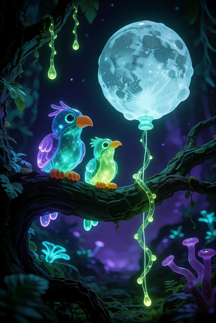 tic_biolum_jungle,  Organic ballooning scene,  two animal balloon birds on Tensor.Art
