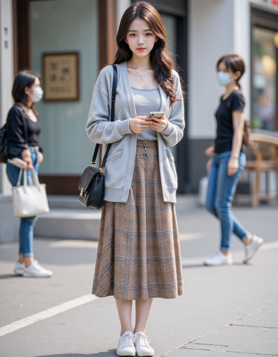 This photograph captures a young East Asian woman with long, dark hair, wearing a light gray cardigan over a gray top and a brown plaid midi skirt. She carries a black handbag over her shoulder and wears white sneakers. She stood on the city street and looked ahead, holding a smartphone, with a white handbag and a woman in a black top and mask in the background.