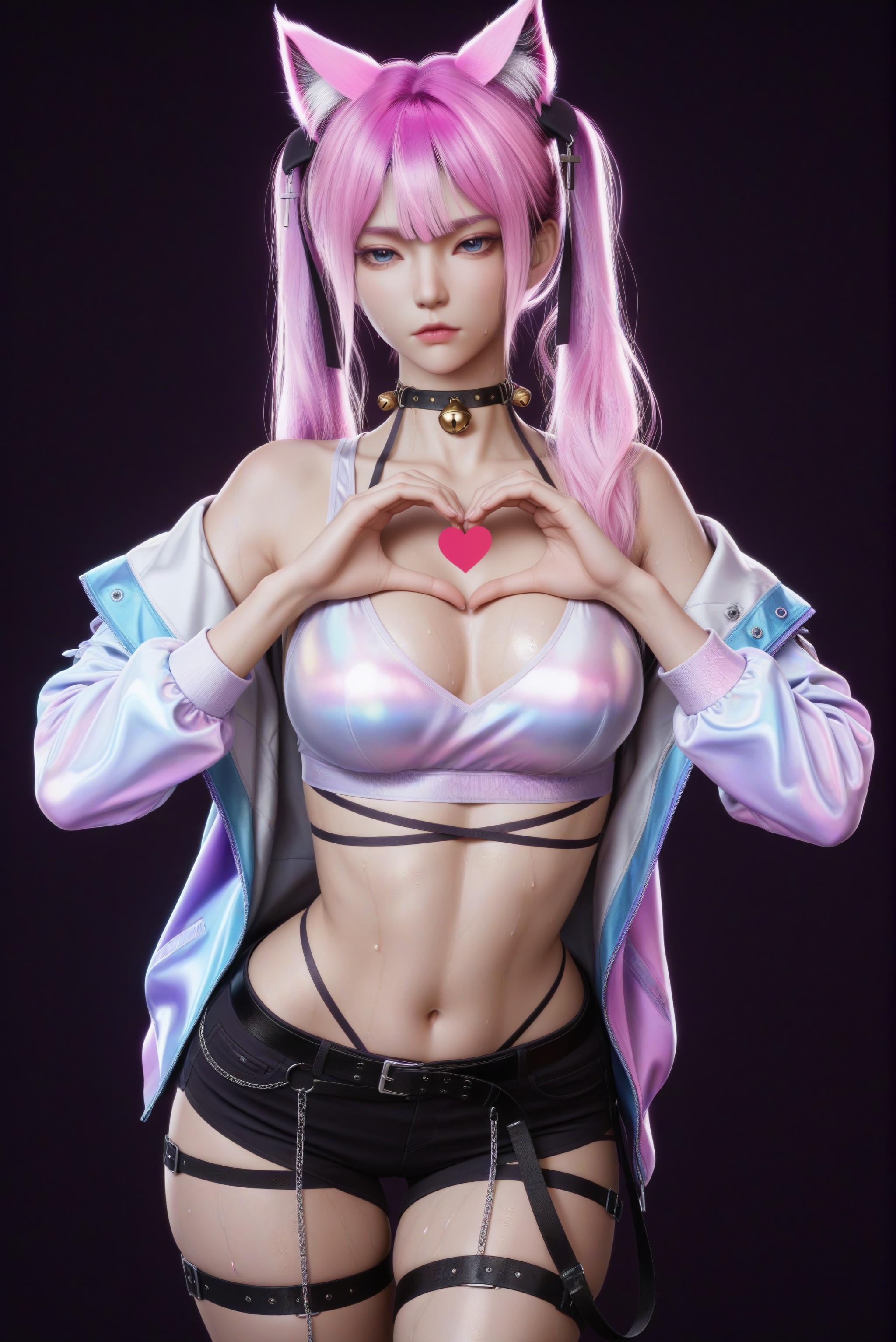 masterpiece,best quality,absurdres,highres,front view,looking at viewer,shaded_face,jitome,heart hands,collarbone,(glamor:1.1),narrow waist,<lora:XiaoFen_ill:0.83>,1girl,solo,xiaofen,pink hair,long hair,twintails,blue eyes,hair ornament,animal ear fluff,black choker,bell choker,crop top,cross hair ornament,white crop top,iridescent jacket,open jacket,short shorts,black short shorts,thighs,thigh strap,belt,(slender_waist:1.2),(glamor:1.2),navel,groin,(mound_of_venus),toned body,toned midriff,(white_skin),(sweaty skin),(very sweaty),(pale_skin),(fair_skin),shiny wet,warm soft,high detail,soft pastel lighting,aesthetically pleasing,simple background,black background,