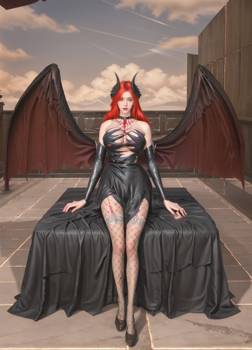 (ultra detailed 8k cg, masterpiece, high quality, ultra detailed background, delicate pattern, intricate detail, cinematic lighting, cinematic bloom, clean, flawless, professional artwork, famous artwork),perfect face,beautiful face,perfect female body,symmetry,beautiful,gorgeous,gorgeous female,goddess,sexy,hot,attractive,charming,alluring,seductive,erotic,enchanting,perfect skin,clean skin,soft skin,(*****:1.2),(huge breasts:1.2),long legs,1girl,solo,hair ornament,cleavage,white thighhighs,detached sleeves,masterpiece,1girl,mature female,(spread *****:1.3),(spread your legs open:1.2),open the vulva,ancient room,bed,antique room,masterpiece,mature female,(extra large breasts:1.3),*****,thick thighs,room,bed,long hair,hair ornament,<lora:逆战黑天使:0.7>,wings,1girl,demon_wings,cloud,demon_girl,sunset,solo,cloudy_sky,horns,sky,black_wings,red_hair,side_slit,dragon_wings,demon_horns,bat_wings,large_wings,bare_shoulders,dress,stirrup_legwear,ocean,black fishnet socks,