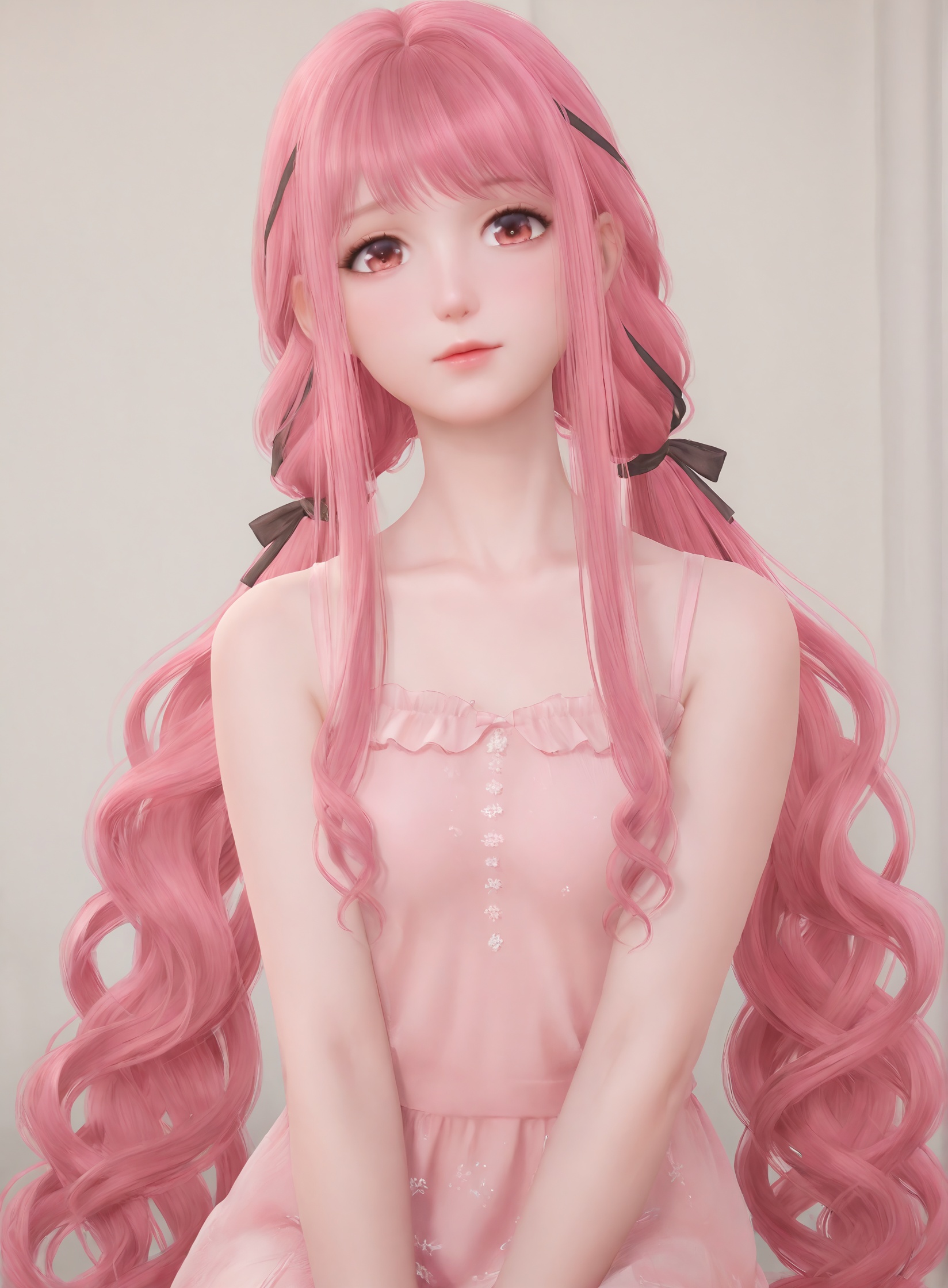 <lora:暖暖pony a:0.5>,realistic,mature female, wavy hair,hair ribbon,nikki_(nikki),twintails, pink hair,very long hair,