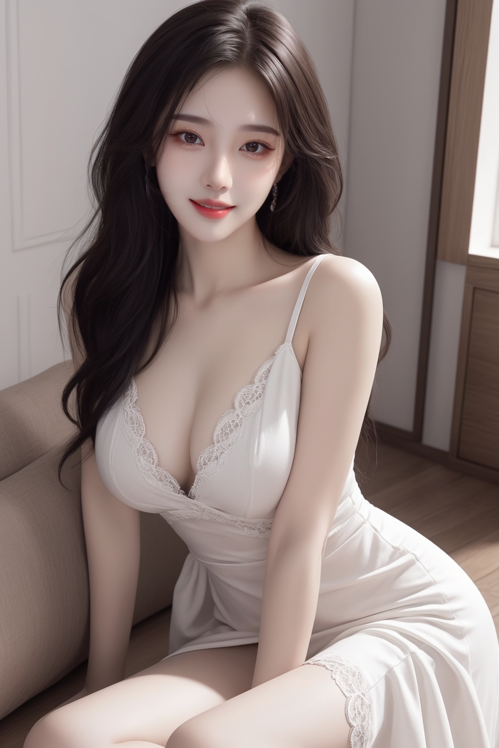 1girl, arm support, black hair, breasts, brown eyes, cleavage, dress, large breasts, lips, long hair, looking at viewer, photorealistic, realistic, sitting, smile, solo, white dress <lora:女:0.8>