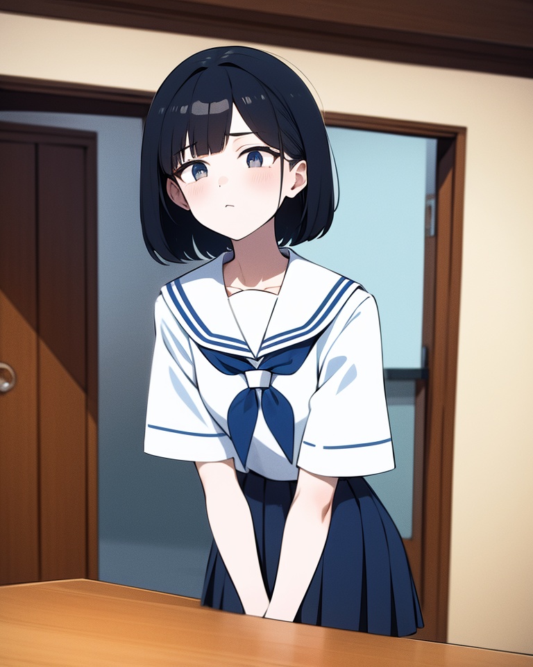 1girl, skirt, school uniform, white skirt, solo, pleated skirt, sailor collar, shirt, blue neckerchief, black hair, serafuku, short sleeves, white sailor collar, medium hair, indoors, neckerchief, blue shirt, closed mouth